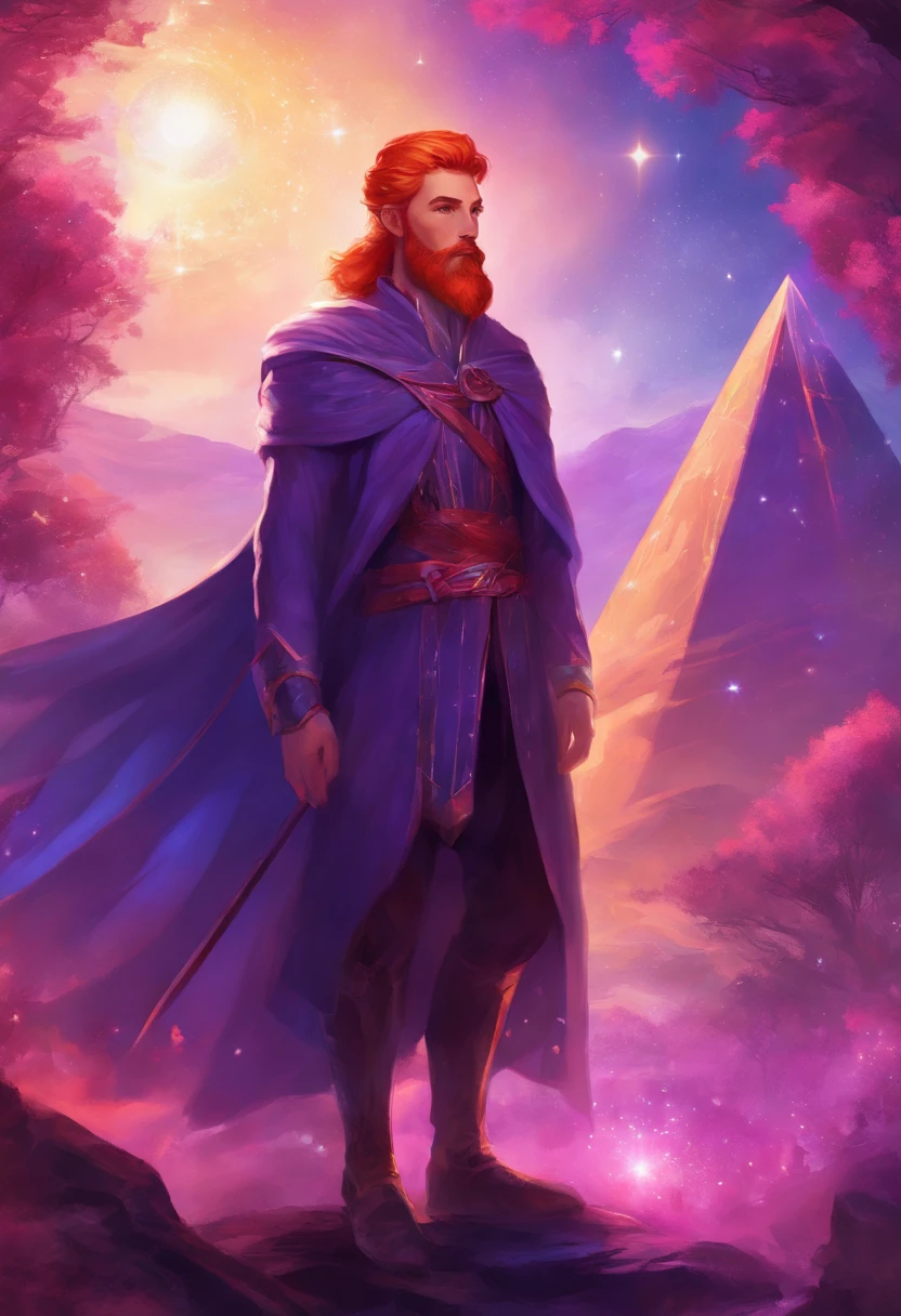 Saint Germain with short red hair, short red beard, on a violet fire background, with a crystalline pyramid over his head