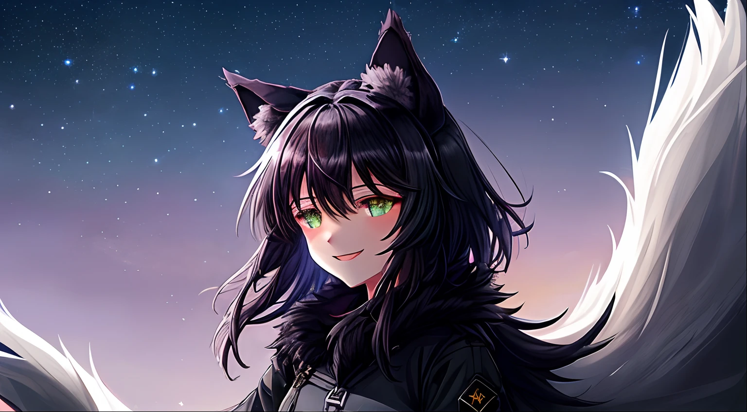 (((Night Sky Background))), Dark background, night time, Wolf Girl, (((Black wolf ears with white fur inside))), black hair, Green eyes, ((Narrowed)), Smiling, hair fluttering in the wind, night sky, Two moons, ((Black Military Jumpsuit)), Shoulder-length painting