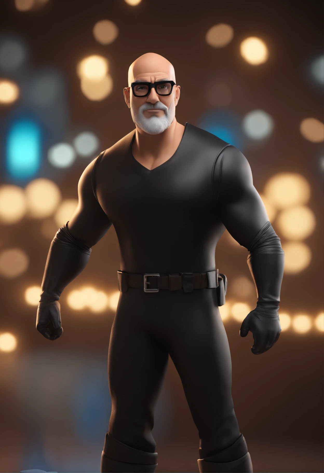 Personagem de desenho animado de um homem de 35 anos, with a shaved head and a beard, with black glasses and black shirt, animation character, Caractere estilizado, animation style rendering, 3D estilizado, Arnold Maya render, 3 d render stylized, toon render keyshot, Personagem 3D, Personagem 3D, 3d rendering stylized, 3 d character render, personagem de desenho animado, Personagem de close up, Pose de personagem, (Estilo Pixar) (master part:1.2) (Bokeh) (best quality) (pele detalhada) (textura detalhada) (8k) (argila) (Cinematic lighting) (foco nítido)