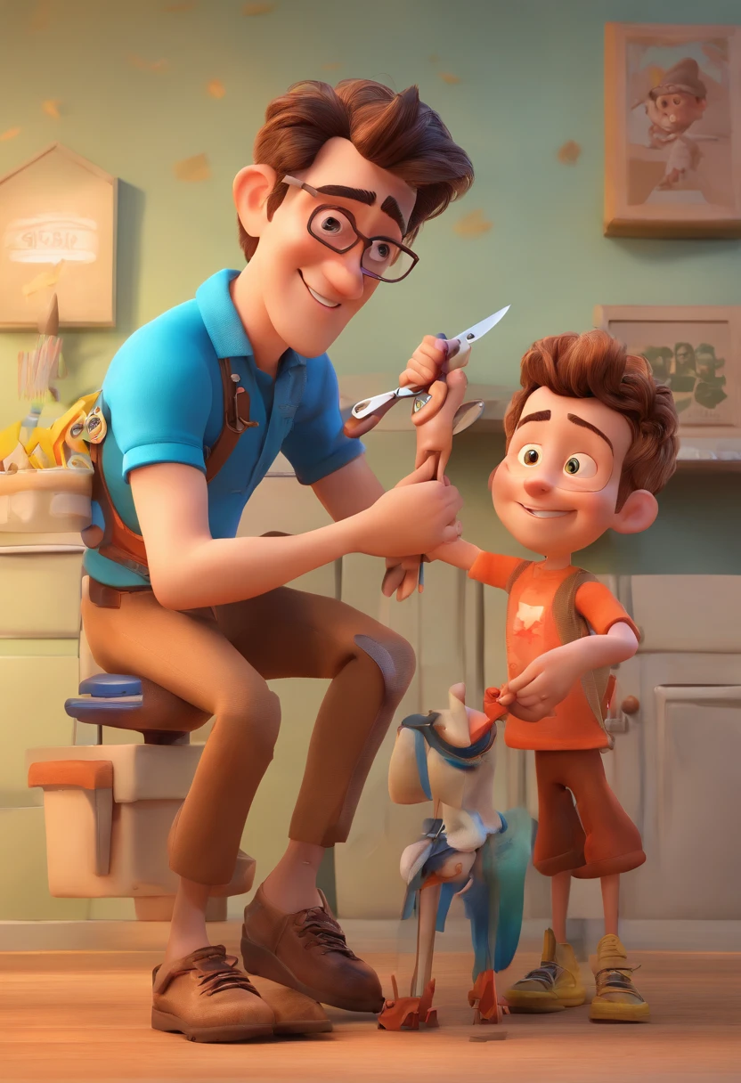 Estilo Pixar: The grown man is holding a naked blue-eyed boy and in his other hand he is holding a pair of scissors and is trying to cut off the boy's testicles,3D Poster,Disney