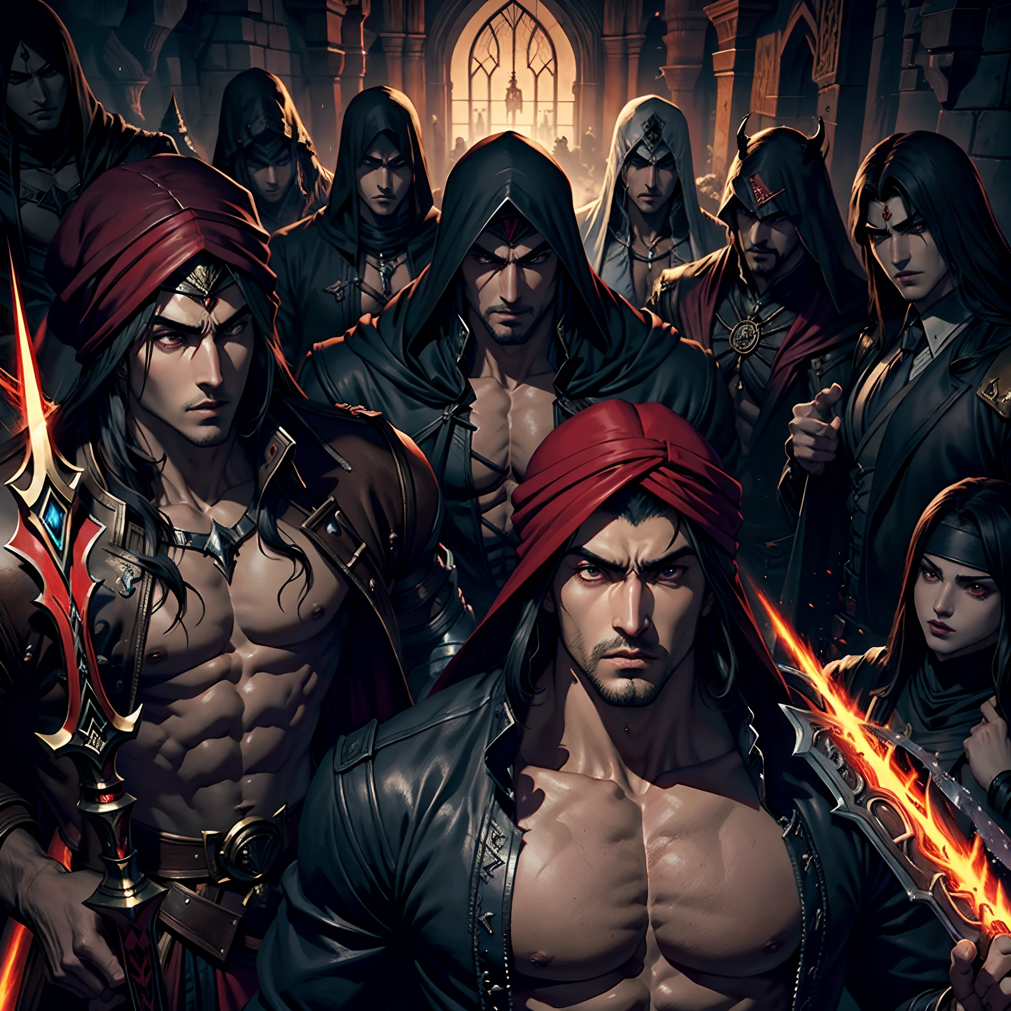 Historical game poster, prince, dark and realistic, all characters look enhanced, 4k and amazing