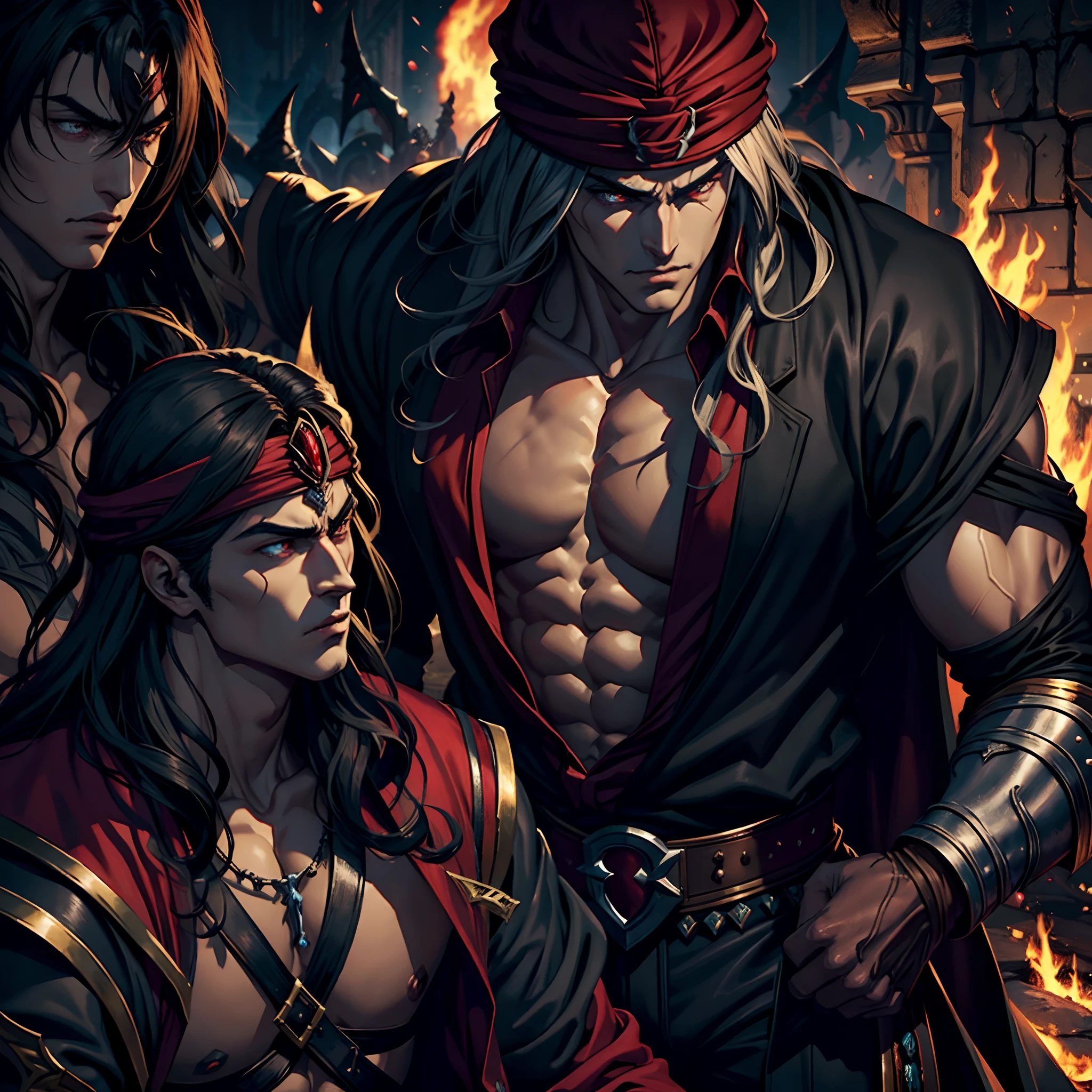 Castlevania Shadow Lord Hyper Realistic Super Detailed Dynamic Shooting Centerpiece Moroccan Arab Scene Handsome Hokuto Muscular No Ken Kenshiro with Red Turban Lord Dracula Leading the Demonic Army Troops into Battle Super Realistic Sharp Details