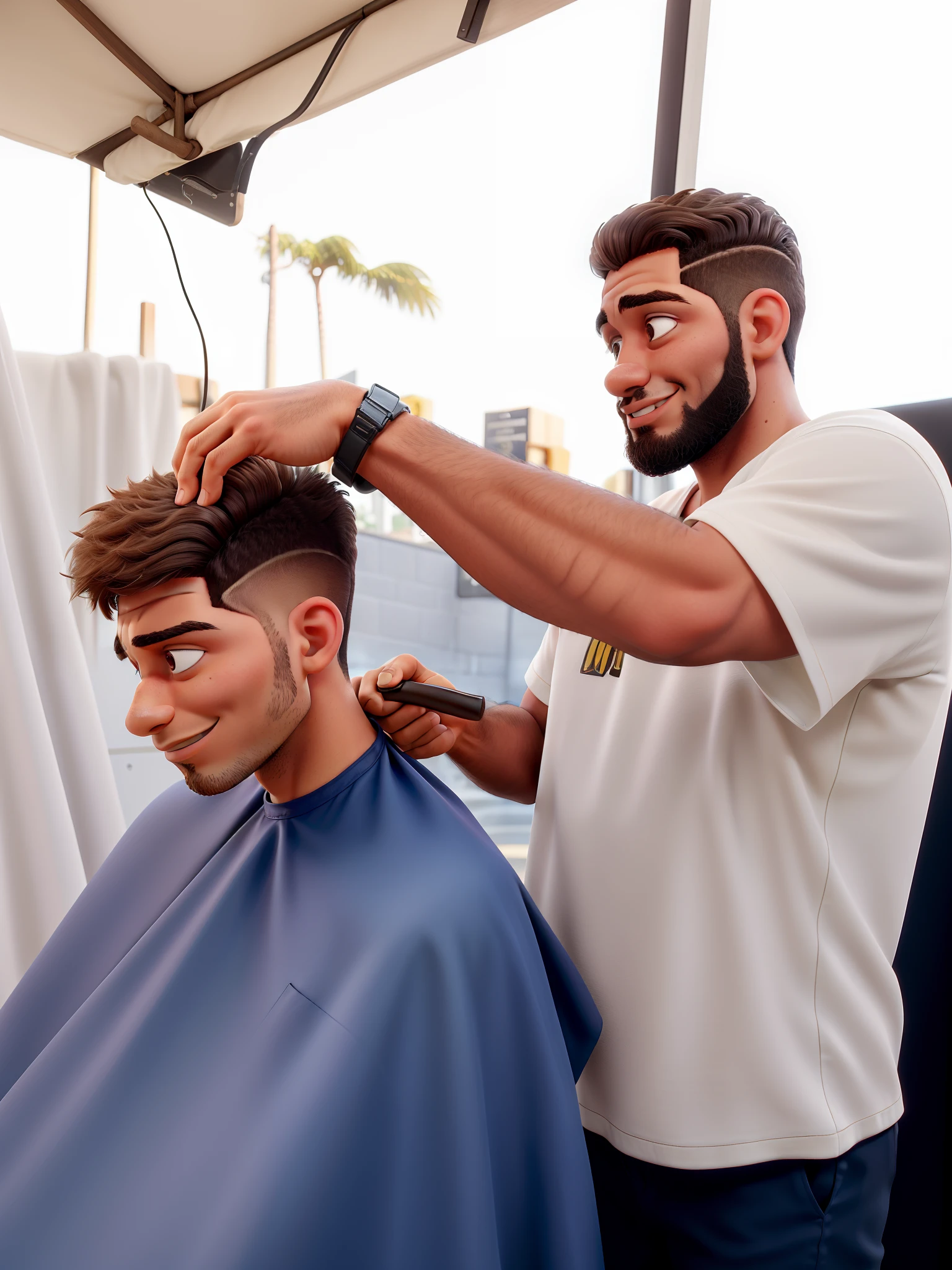 Standing barber, cabelo liso bem curto raspado com cor de pele branca, barba, corte de cabelo de um sentado pele de cor branca