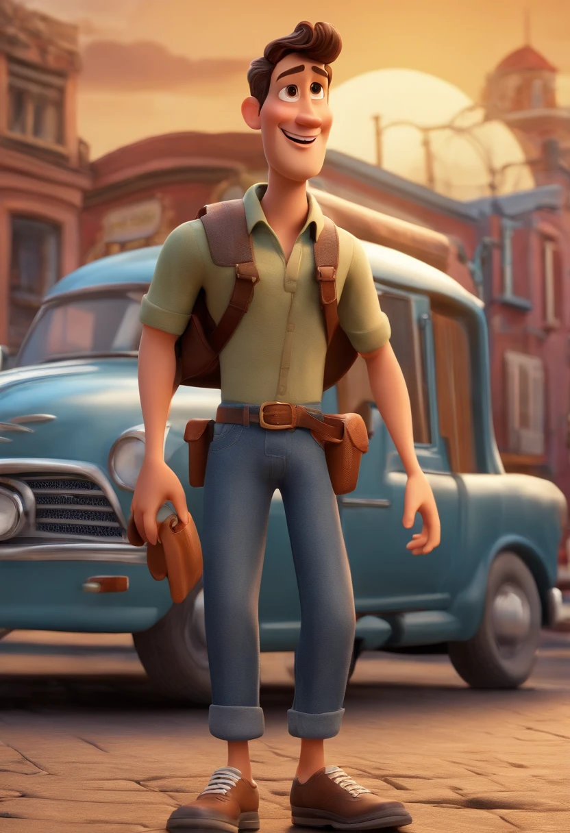 Pixar personagem de desenho animado 3D de um homem com camisa preta com mochila nas costas, Denim Jeans Pants, Breto-colored sneakers, animation character, barba curta, nariz afilado pequeno, orelhas pequenas, cabelos para cima,, , com imagem de fundo uma cidade bastante movimentada, tirando fotos de seu celular e sorrindo.