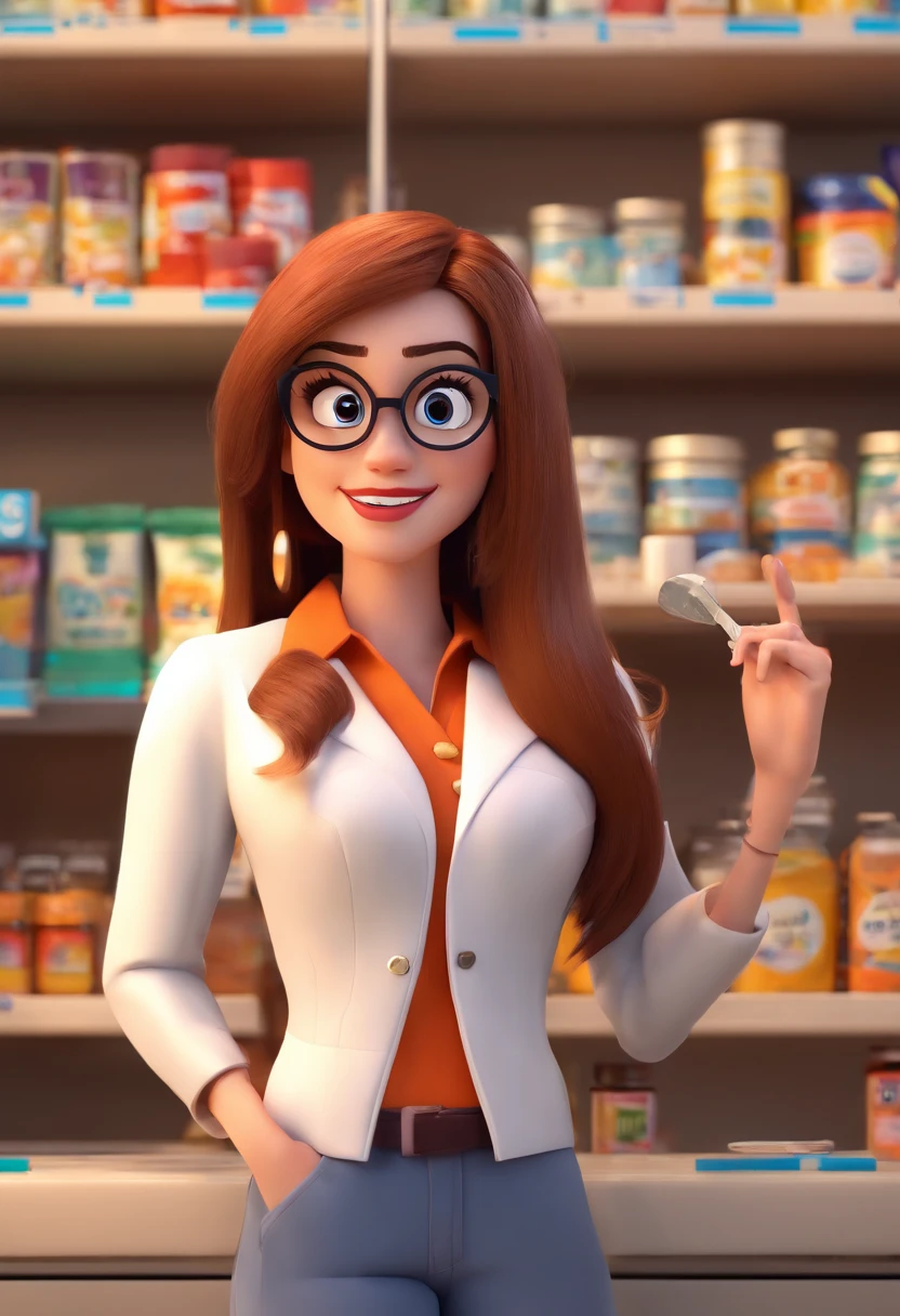 A Disney-style 3D Pixar movie arafed woman in a pharmacy store holding a pill, rechonchudo, Asian eyes, wearing lab coat and glasses, pharmacy, cabelo preto nos ombros ,Malika Favre, vestindo jaleco e blusa, usando jaleco, pharmacy, by Gina Pellón, In the background, by Amelia Peláez, fernanda suarez, vestindo um casaco branco, usando jaleco, Caroline Gariba