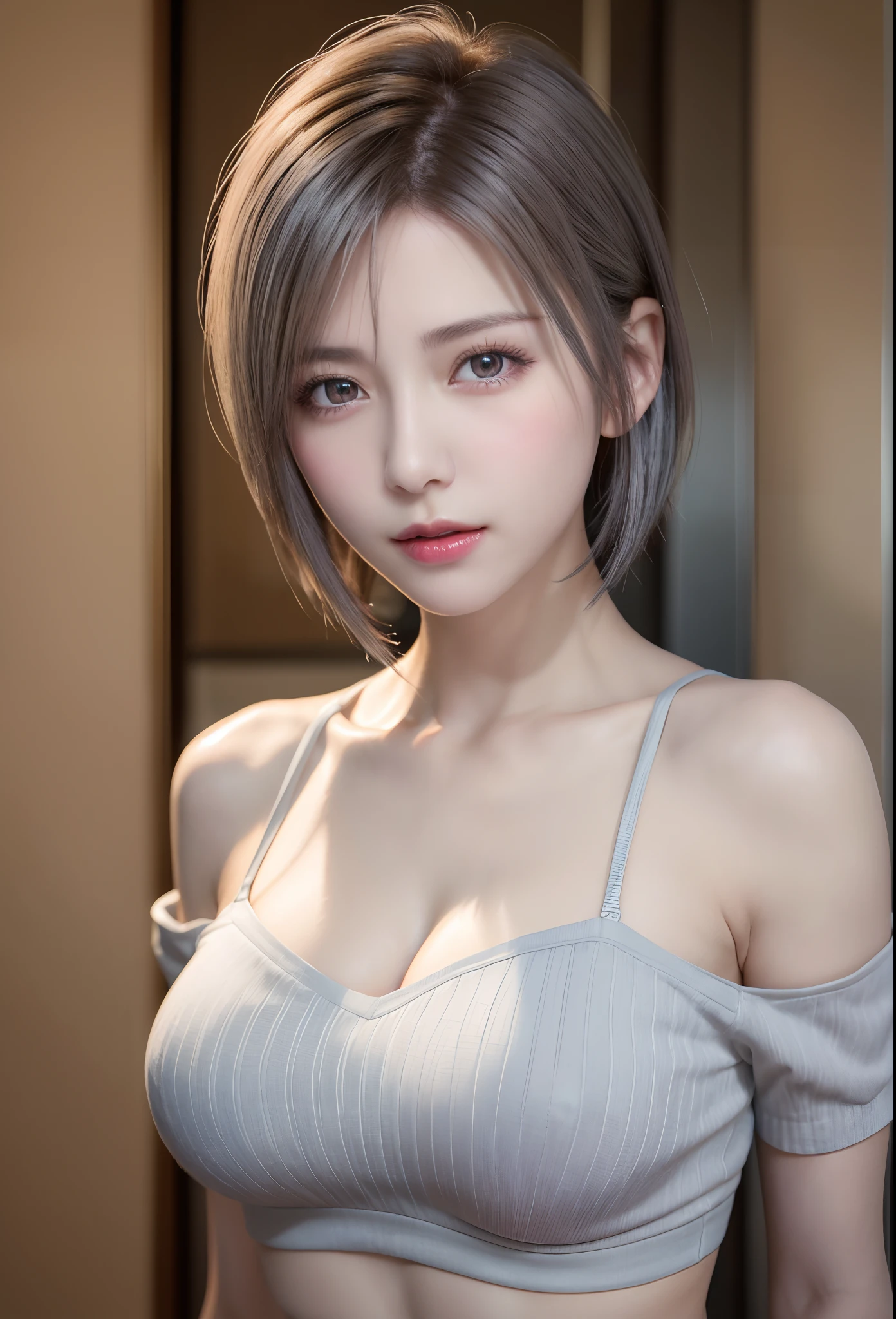 (8K, Photorealistic, Raw photo, of the highest quality: 1.3), (1girl in), Super beautiful, (Realistic face), (boyish, Silver Color Berry Shorthair), Beautiful , Glare that captivates the viewer, Beautiful expression, Beautiful breasts, (Realistic skin), Beautiful...