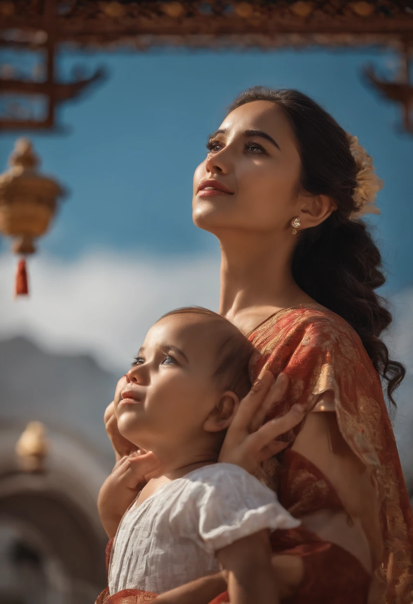 {{master part, best quality, CG extremamente detalhado, Unity 8k papel de parede, Cinematic lighting}}, pintura a tinta tradicional chinesa, 1girl, 1Baby, Young woman holding a , corpo inteiro, arquitetura antiga, blue skies, dia ensolarado, arquitetura de madeira, protagonista proeminente, sorrir, olhos grandes, belos olhos detalhados, (seios grandes, clivagem), Bunda redonda, looking up at the audience, long eyelashes,