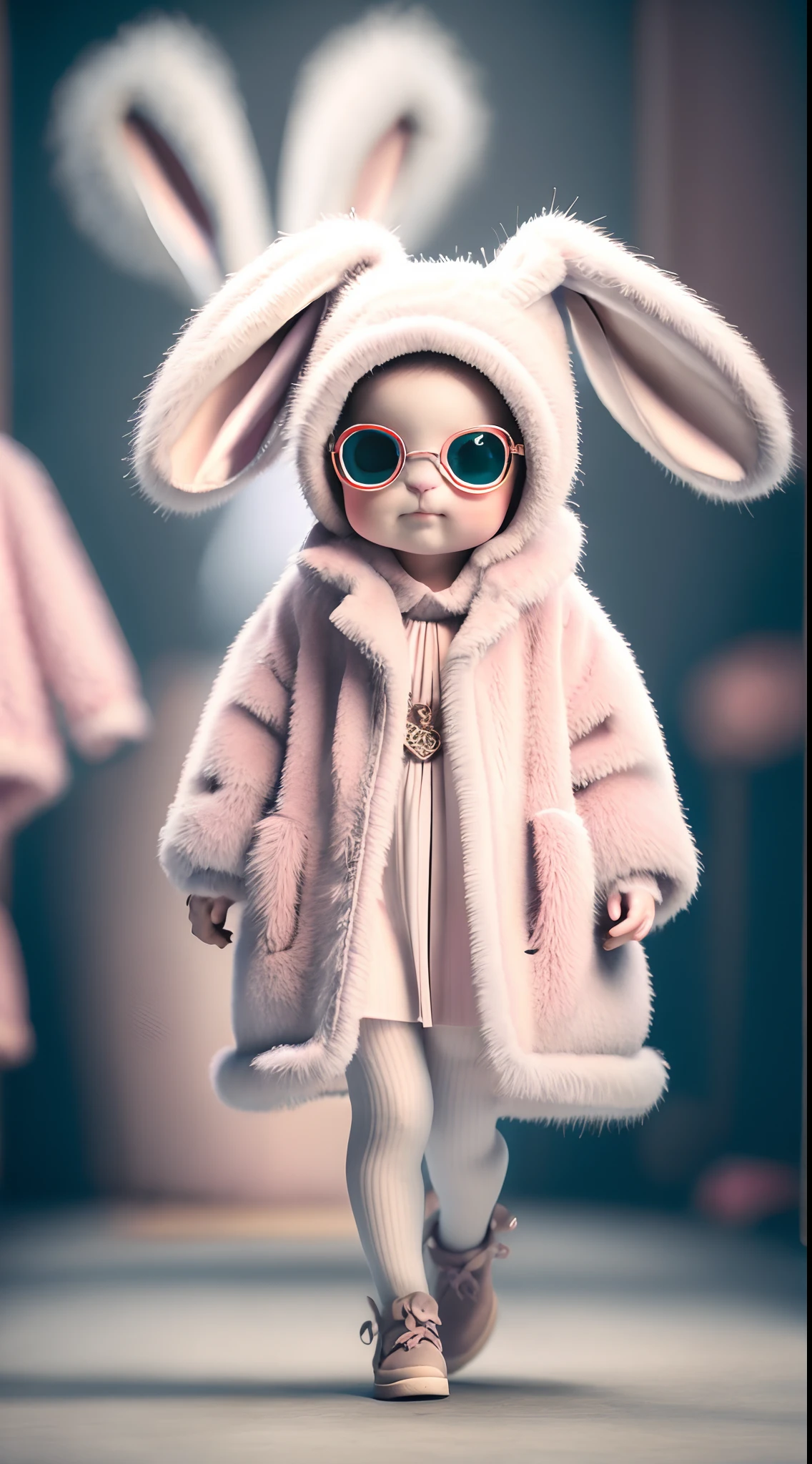 Image of a little girl in a bunny costume walking on the catwalk, cute fumo plush bunny girl, gucci catwalk, 2 0 2 0 fashion, bad bunny, Advanced custom themes, bunnysuit, cute anthropomorphic bunny, frown fashion model, bunnypunk, Fashion, wearing a bunny suit, Mark Ryden style, Furry style