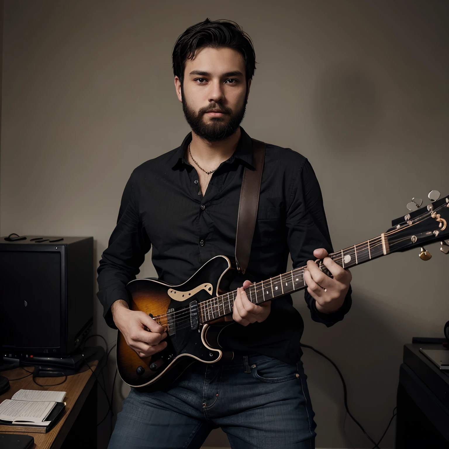 Young man with short black hair with a slightly rounded face, black closed beard with a slightly strong body wearing jeans, black shirt and guitar in hand