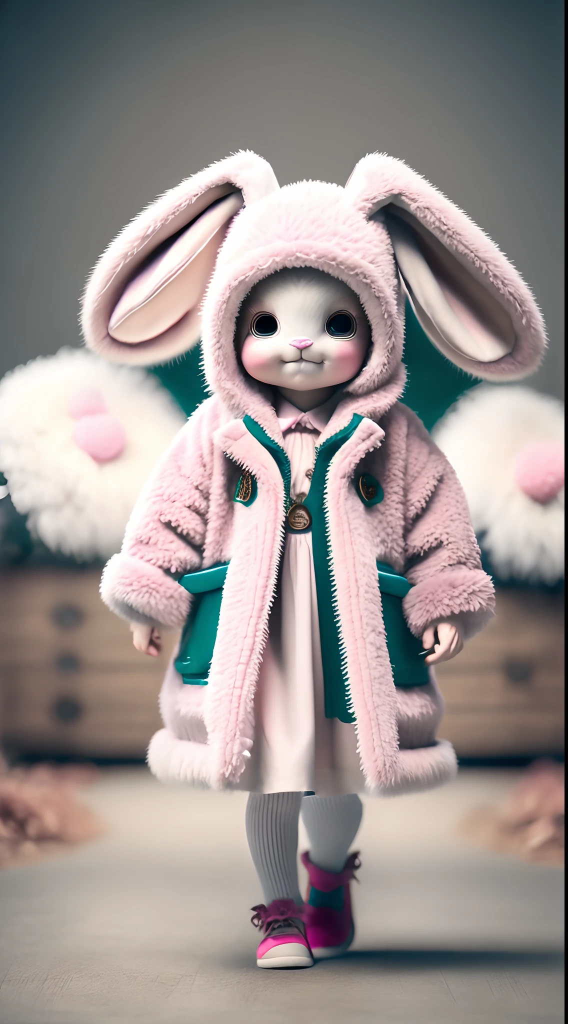 Image of a little girl in a bunny costume walking on the catwalk, cute fumo plush bunny girl, gucci catwalk, 2 0 2 0 fashion, bad bunny, Advanced Customization theme, bunnysuit, cute anthropomorphic bunny, frown fashion model, bunnypunk, Fashion, wearing a bunny suit, Mark Ryden style, Furry style