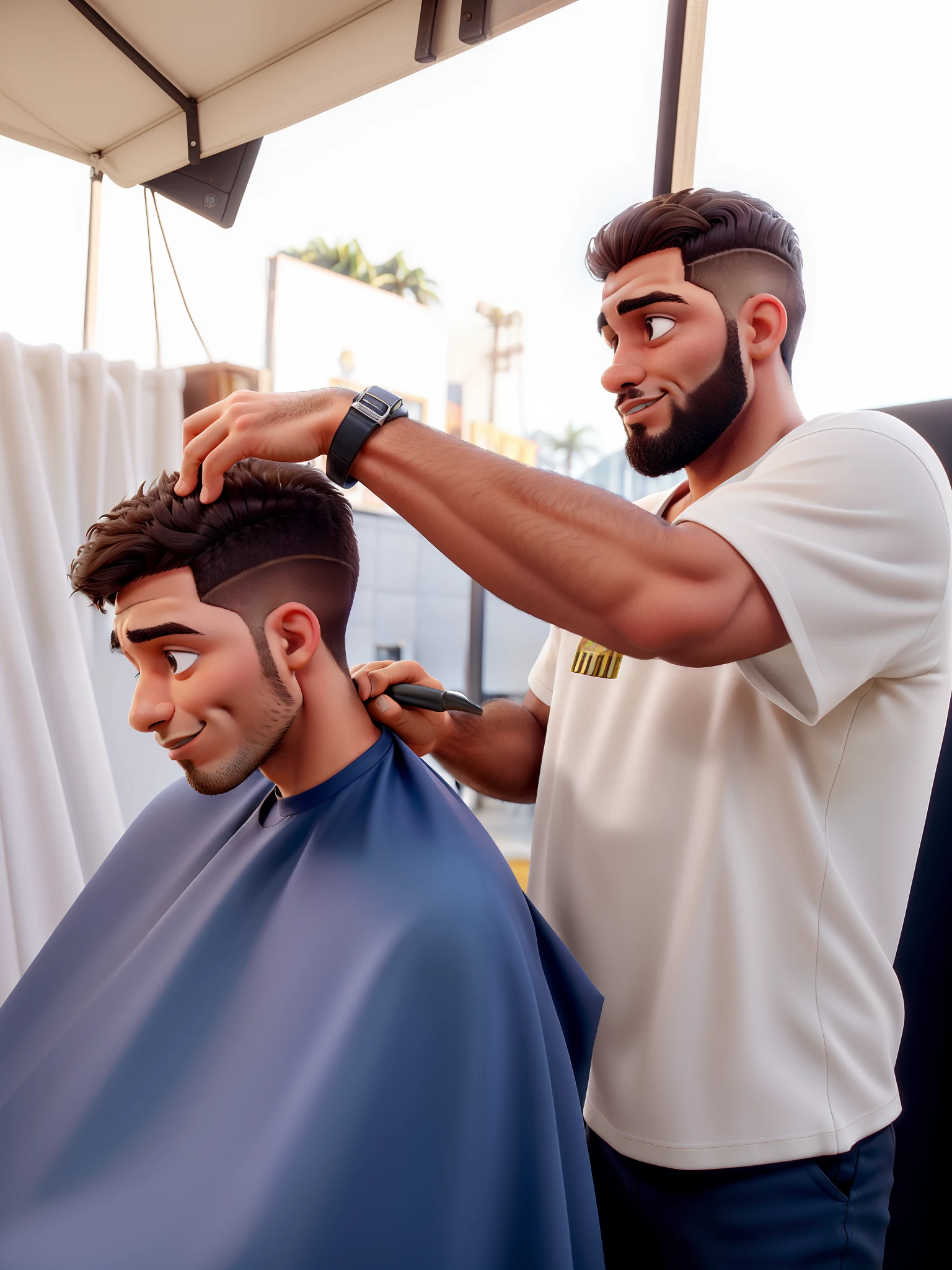 Standing barber, cabelo liso bem curto raspado com cor de pele branca, barba, corte de cabelo de um menino sentado pele de cor branca