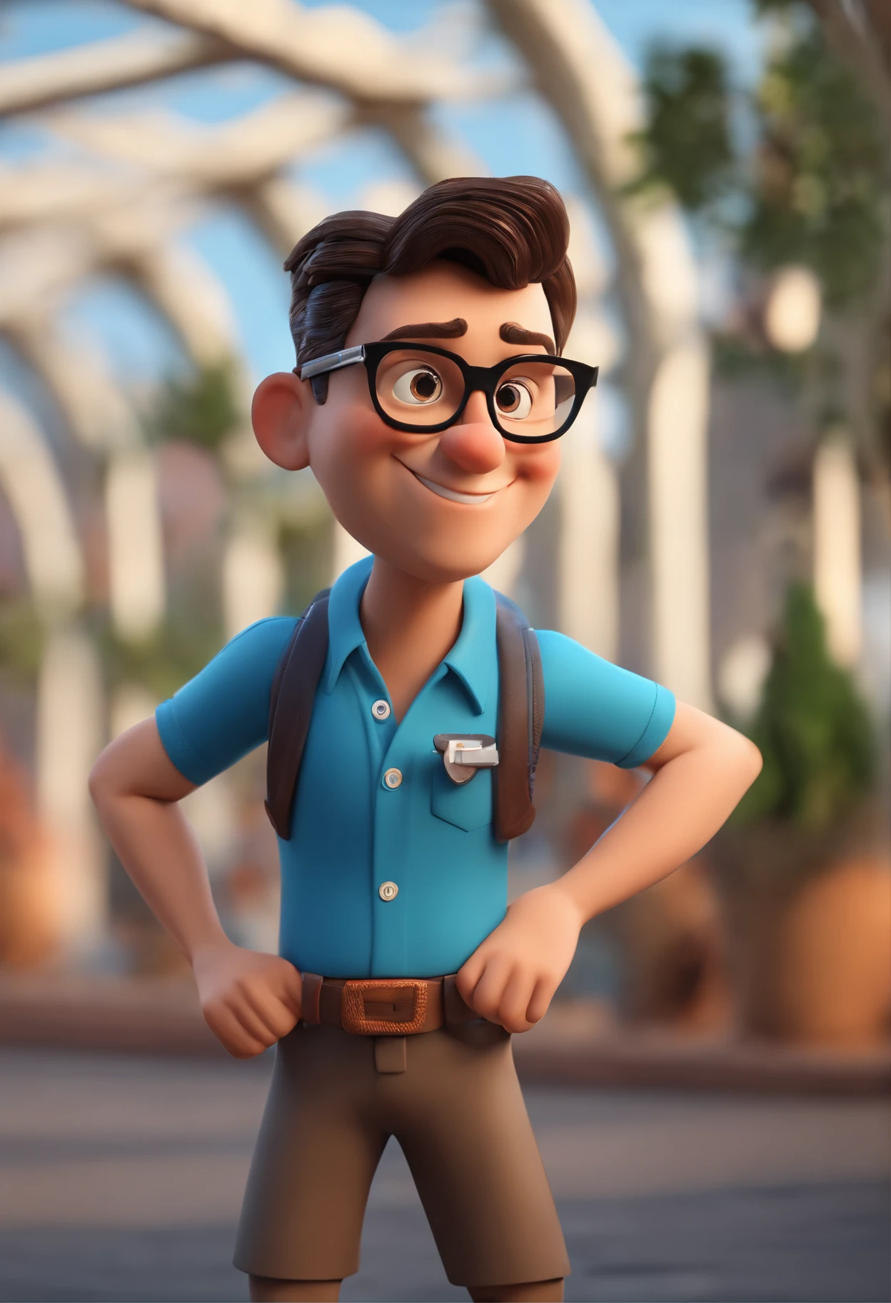 Cartoon character of a man wearing black glasses and a blue shirt, um personagem animado, Caractere estilizado, animation style rendering, 3D estilizado, Arnold Maya render, 3 d render stylized, toon render keyshot, Personagem 3D, Personagem 3D, 3d rendering stylized, 3 d character render, personagem de desenho animado, Personagem de close up, Pose de personagem, (Estilo Pixar) (master part:1.2) (Bokeh) (best quality) (pele detalhada) (textura detalhada) (8k) (argila) (Cinematic lighting) (foco nítido,Senta e vaza a parte superior do corpo