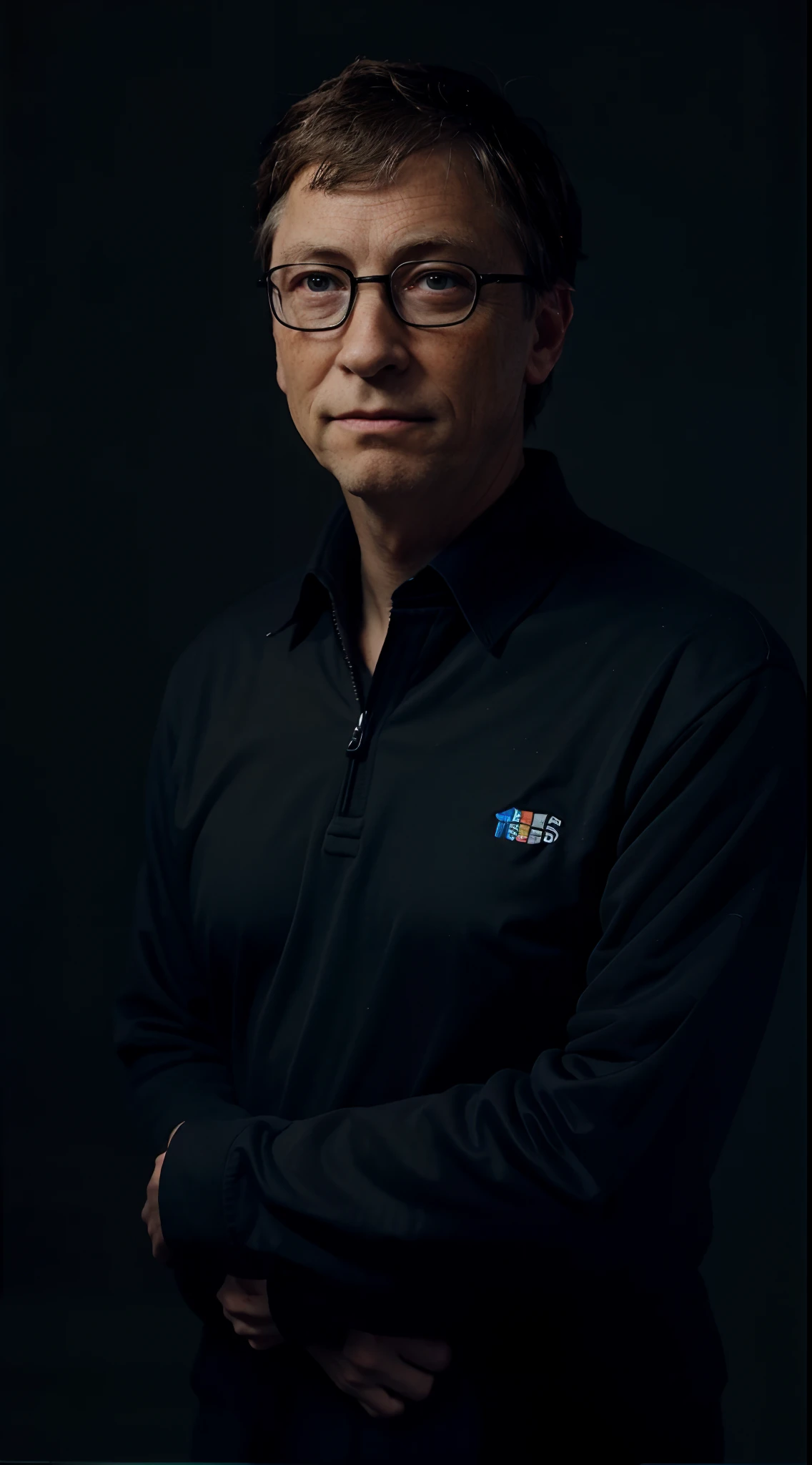 A portrait of Bill Gates, dark background, dark tones