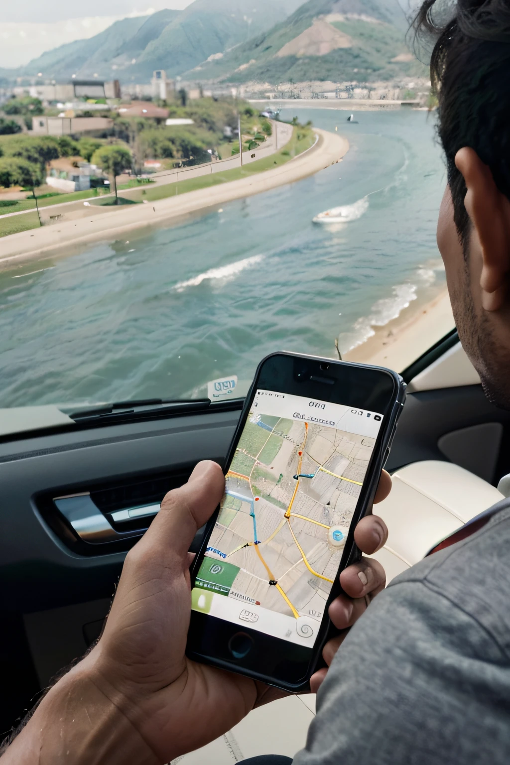 homem utilizando um iphone da pple utilizando um sistema de geoposicionamento, aplicativo Buscar da Apple, iphone, sitema gps, mapa, Location, carro, angulo da imagem aparecendo a tela do celular