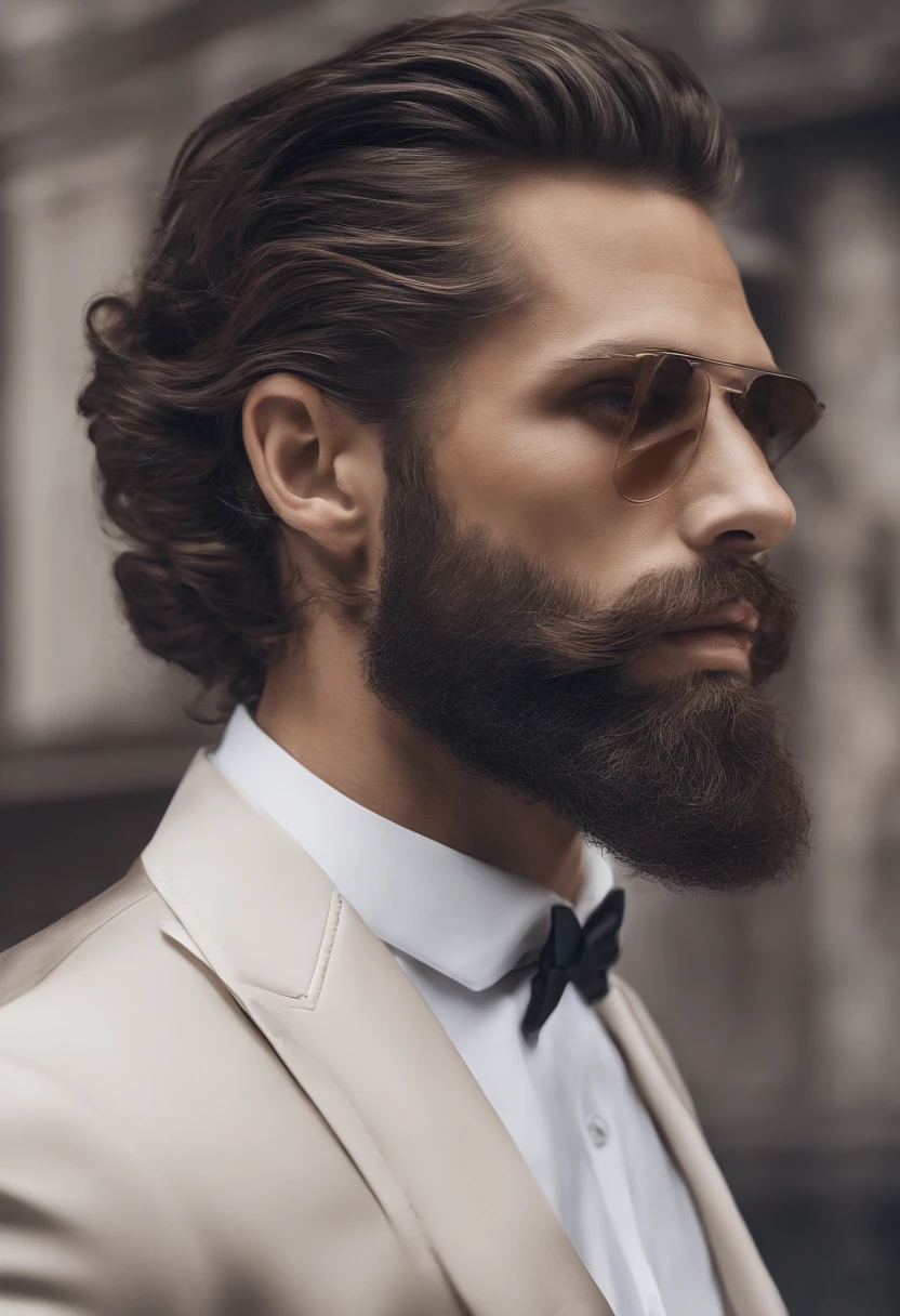 Homem careca com barba parcialmente branca estiloso muito rico com cara de mau