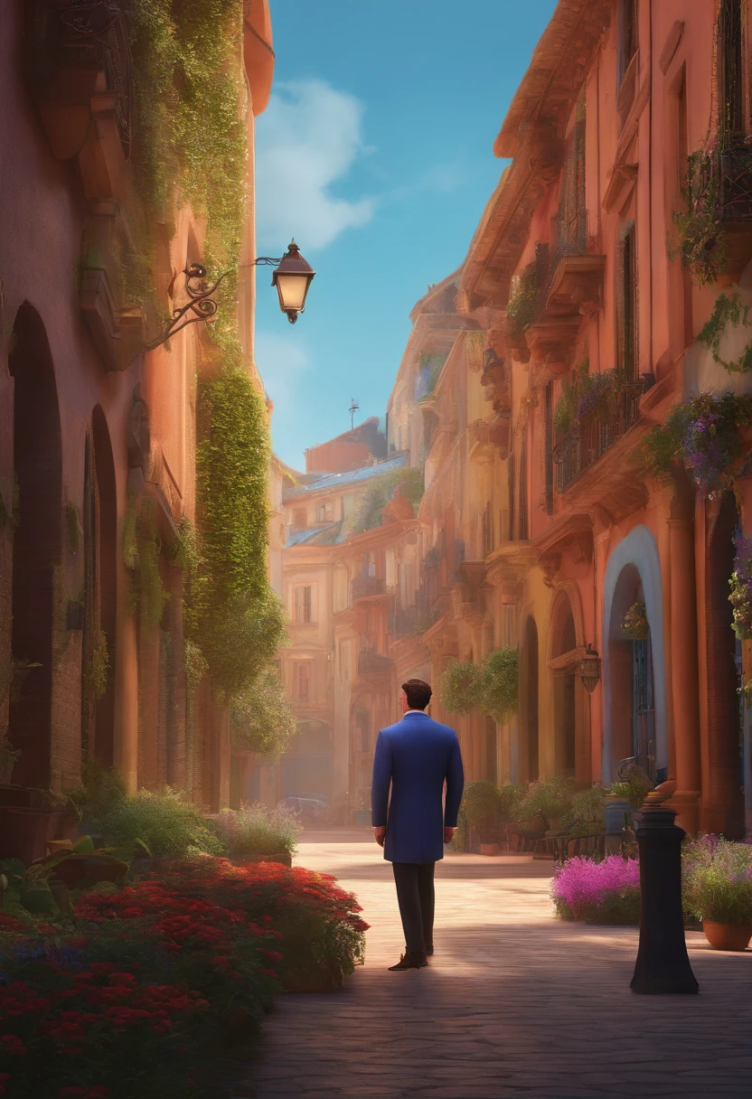 A city councilman looking at a dream project inspired by Pixar animation, de perto. The character takes center stage with captivating facial expressions, oferecendo um toque de irrealidade