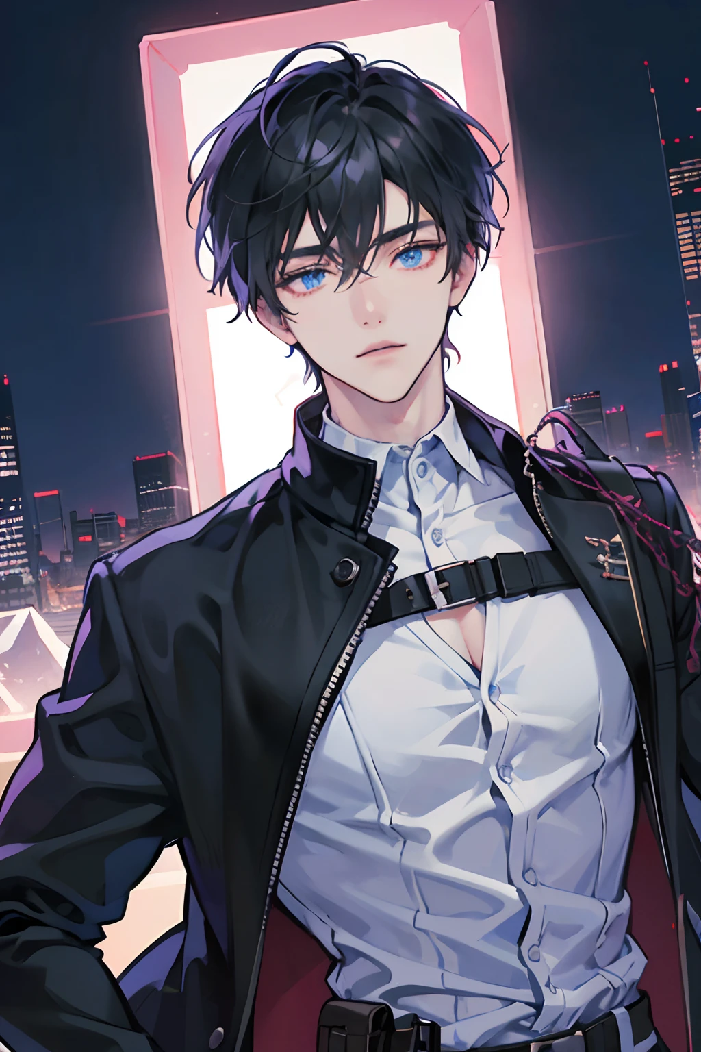 (absurdres, highres, ultra detailed, anime style), 1boy, adult, handsome, tall muscular guy, broad shoulders, finely detailed eyes, black hair, hair between eyes, crystal blue eyes, holographic, black coat, gun holster, chest strap, tight shirt, portrait, intense run, speed, neon-lit night city, neon sign, skyscraper, Cyan, Magenta, (dutch angle), long face, closed mouth