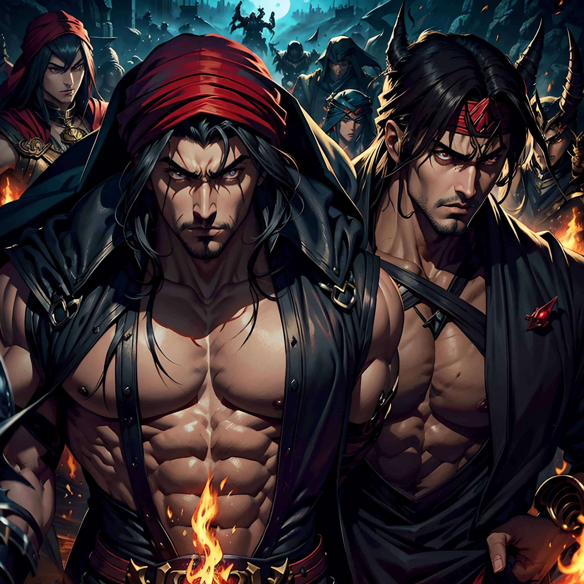 Castlevania Shadow Lord Hyper Realistic Super Detailed Dynamic Shooting Centerpiece Moroccan Arab Scene Handsome Hokuto Muscular No Ken Kenshiro with Red Turban Lord Dracula Leading the Demonic Army Troops into Battle Super Realistic Sharp Details