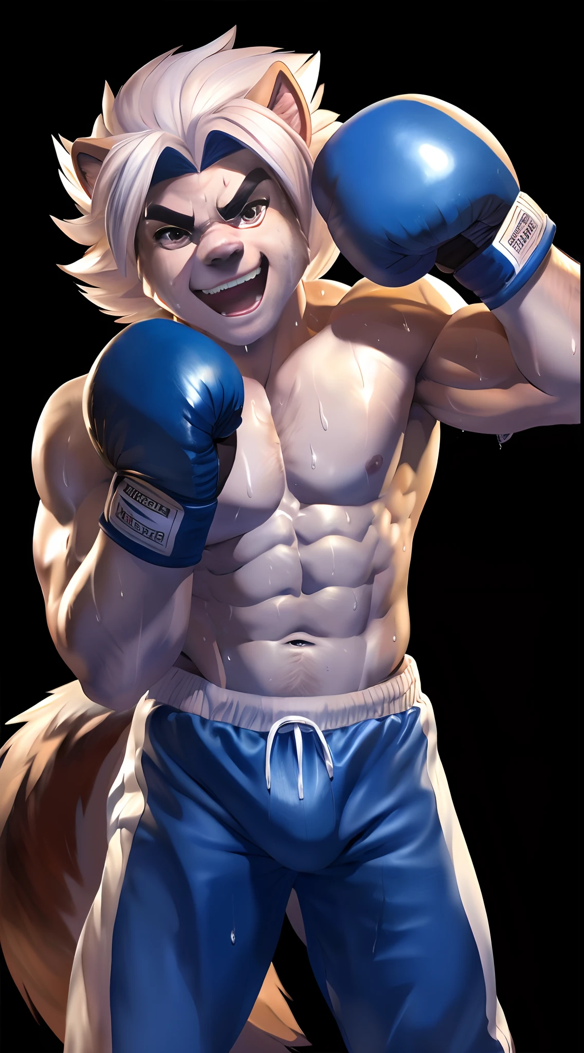 Hominidae, Pose for Camera, Wearing boxing gloves. 4K, high resolution, Best quality, posted on e621, (Solo:1.2), human's body, Male, white mane, Adult, Masculine, (sport, Muscular, Heavyweight:1.2), Correct anatomy, (Black background, No background, No featured background:1.2), (author:World Football Federation:1.2), (by Chunie, author:Taran Fidler:0.8), (Detailed eyes:1.2), Sexy, (cel-shaded:1.2), cartoon shading, (aquarelle:1.2), (Fluffy tail:1.2), Arrogant smile, Angry eyes, (Sweat:1.4), Open mouth, (boxing gloves:1.2), (Boxing pants:1.2), (view the viewer, Front view:1.2), Bright eyes, Partially shaded, Strong, actionpose