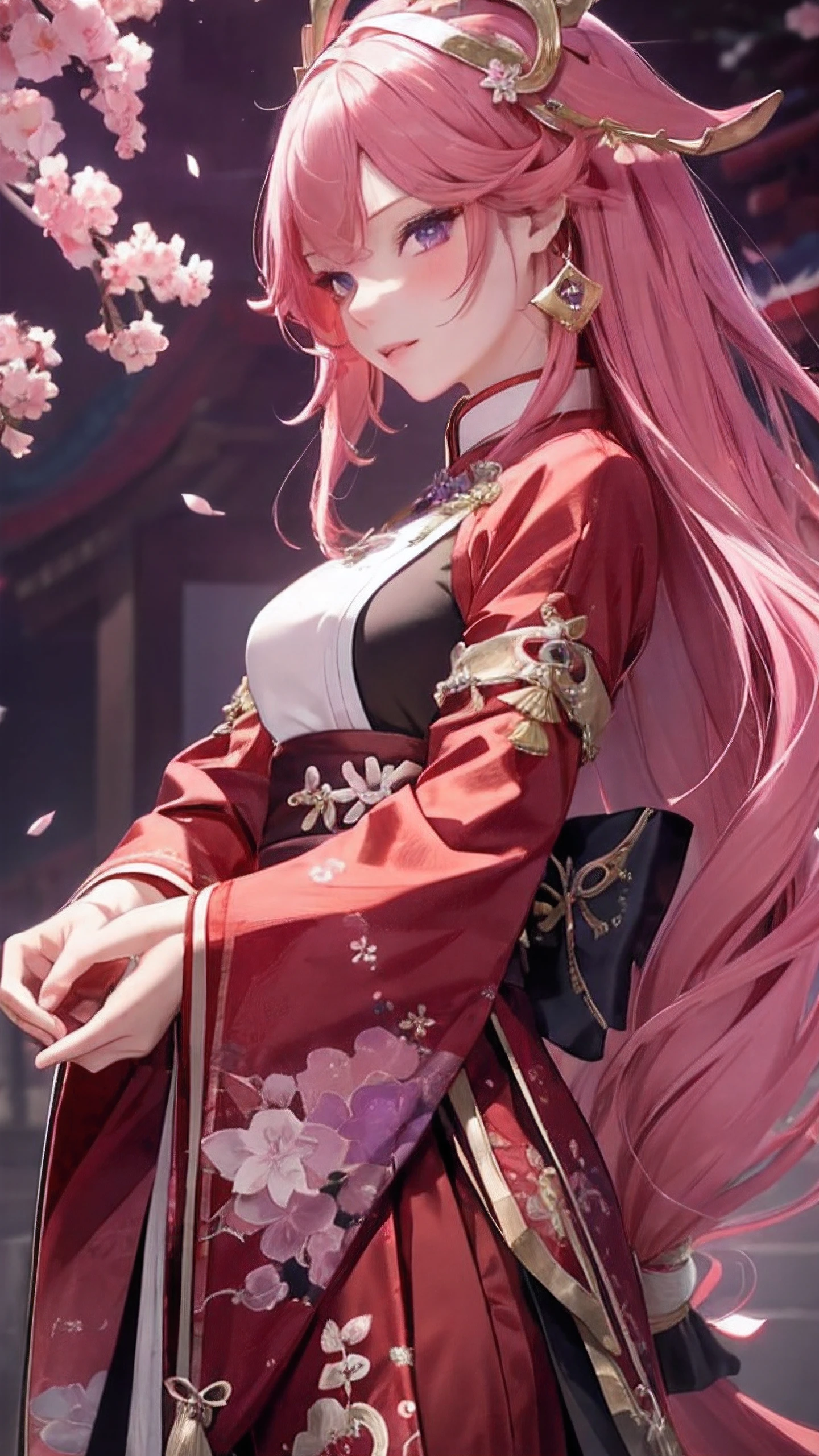luxury dark red clothes, large chinese clothes, large hanfu, gold embroidery, long skirt, genshin impact, yae miko (pink hair, long hair, purple eyes, glowing eyes), ((best quality)), ((masterpiece)), (detailed), highly detailed skin, ((ultra-detailed)), (beautiful detailed eyes), perfect hand, mature women, detailed real skin, flirtatious smile, blush, small breast, looking at viewer, side view, sakura flowers, dark backgrounds, long chinese clothes, long hanfu, gold embroidery, long skirt, open eyes, chic jacket, flirtatious eyes, full red outfit, half body, yaemikodef,