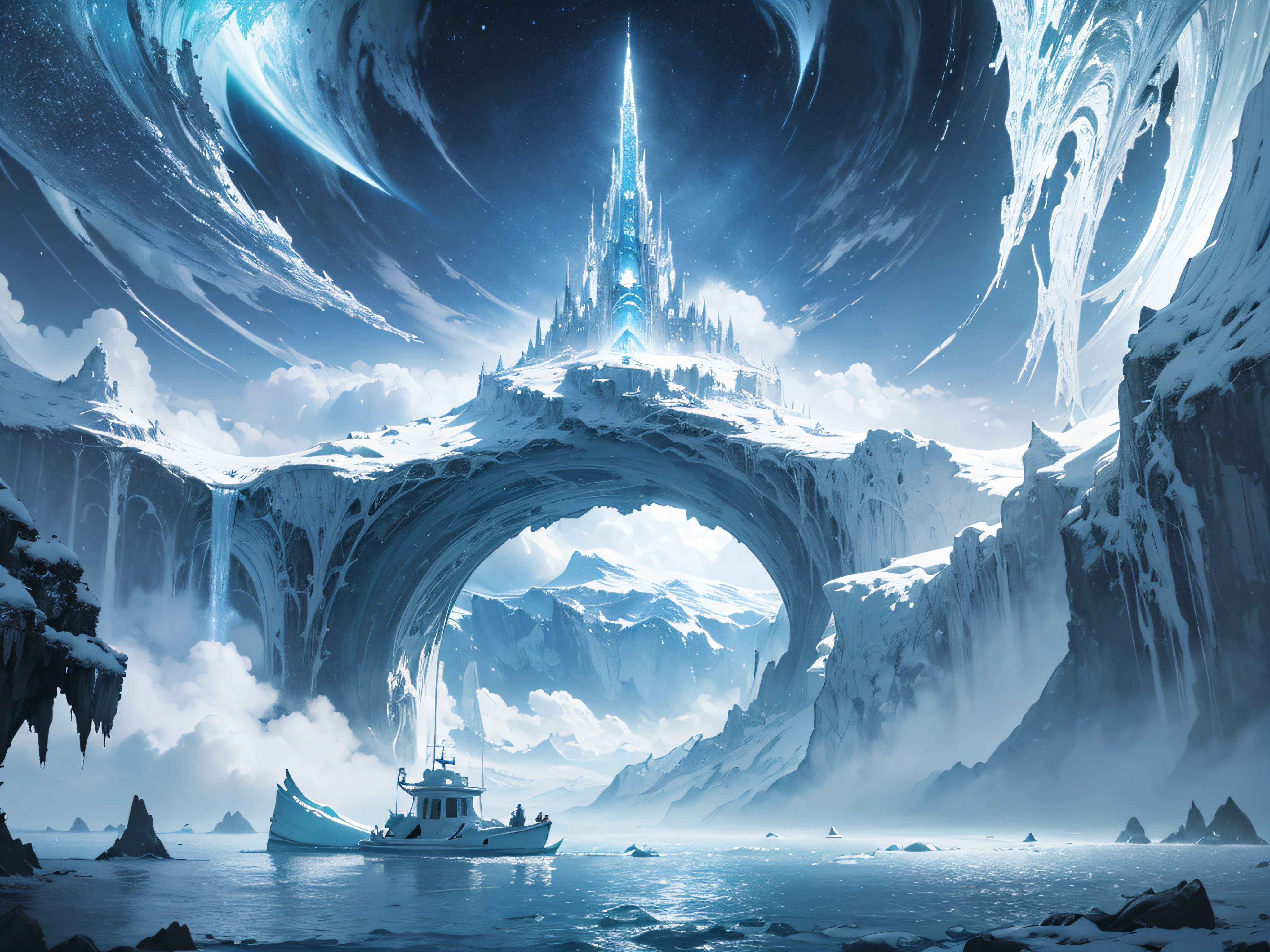 Lots of detail,ultra intricate,Super bright,White tones,There is a cable car floating in the water, Cosmic cloudscape, Land of Fantasy, Astral spheres , icy, relaxing atmosphere, dreamy night, liminal space in outer space, dreamy aesthetic, Fantasy resonates with dreams, Relaxing environment