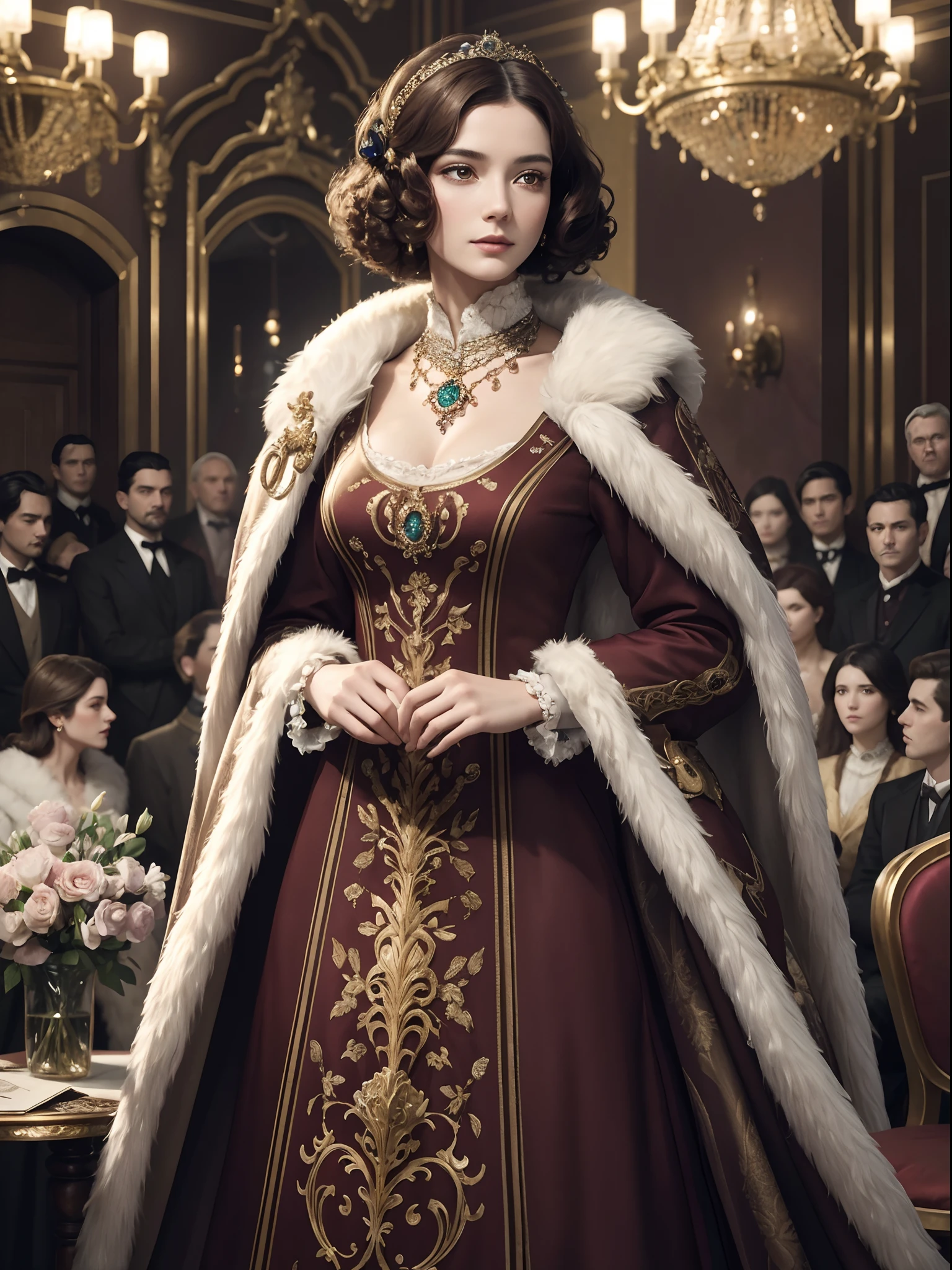((Best quality)) , ((Masterpiece)) , (Detailed) , 1900s,(Fantasyart:1.3),A woman on the catwalk,The crowd sat on either side,Mannequin,(Wear a stylish fur coat:1.2),(Professional and meticulous clothing design:1.3),Gucci bags,Short burgundy hair,curlies,Stylish,Aristocratic design,(A grand fashion show),Come over ,(Splash art of flower petals on background:1.1)(a professional shot of),Summary field, tiltshift, guiltys, mingei, velvia, Extremely beautiful, 8K resolution