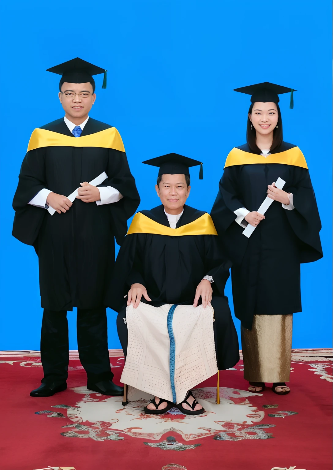 three people in graduation gowns pose for a picture with their diplomas, graduation photo, wearing an academic gown, potrait, full protrait, portrait n - 9, protrait, photo portrait, ceremonial portrait, photoshot, family portrait, student, myanmar family portrait, scholar, post graduate, portrait picture, family, president, backdrop