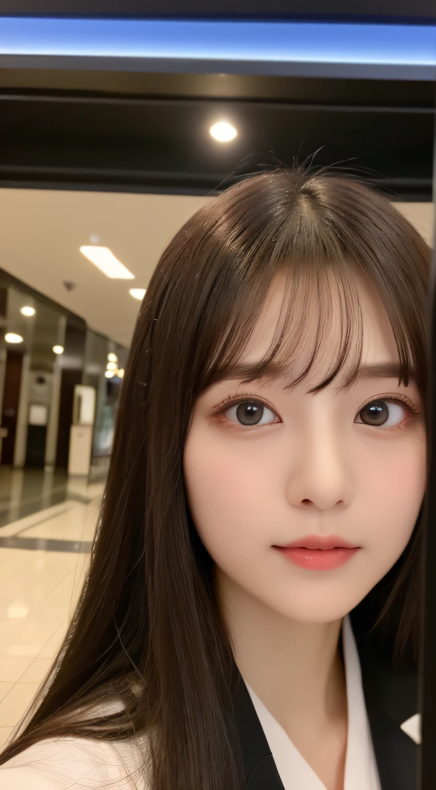 ((top-quality、8K、​masterpiece:1.5))、One girl、(Unhealthy face)、(Letter to)、Blunt bangs、(Lots of bangs:1.4)、(full body Esbian:1.4)、(Symmetrical face)、hyperdetailed face、Ultra detailed mouth、A detailed eye、Detailed ears、Slim Faces、(selfee:1.4)、(off shoulders)、(Armpit)、(Looking Up)、(From  above)、(Straight long hair、Ahoge:1.3)、(Upper Eyes)、the background is blurred、(formal suit:1.3)、lipgloss、(casino)、(natural soft light:1.3)、