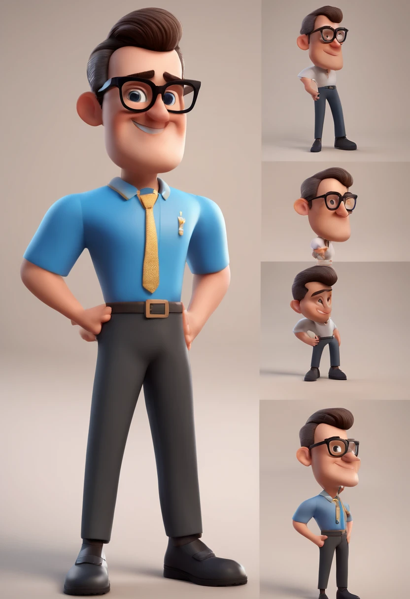 Cartoon character of a man with black glasses and a blue shirt, animation character, Caractere estilizado, animation style rendering, 3D estilizado, Arnold Maya render, 3 d render stylized, toon render keyshot, Personagem 3D, Personagem 3D, 3d rendering stylized, 3 d character render, personagem de desenho animado, Personagem de close up, Pose de personagem,  (Estilo Pixar) (master part:1.2) (Bokeh) (best quality) (pele detalhada) (textura detalhada) (8k) (argila) (Cinematic lighting) (foco nítido