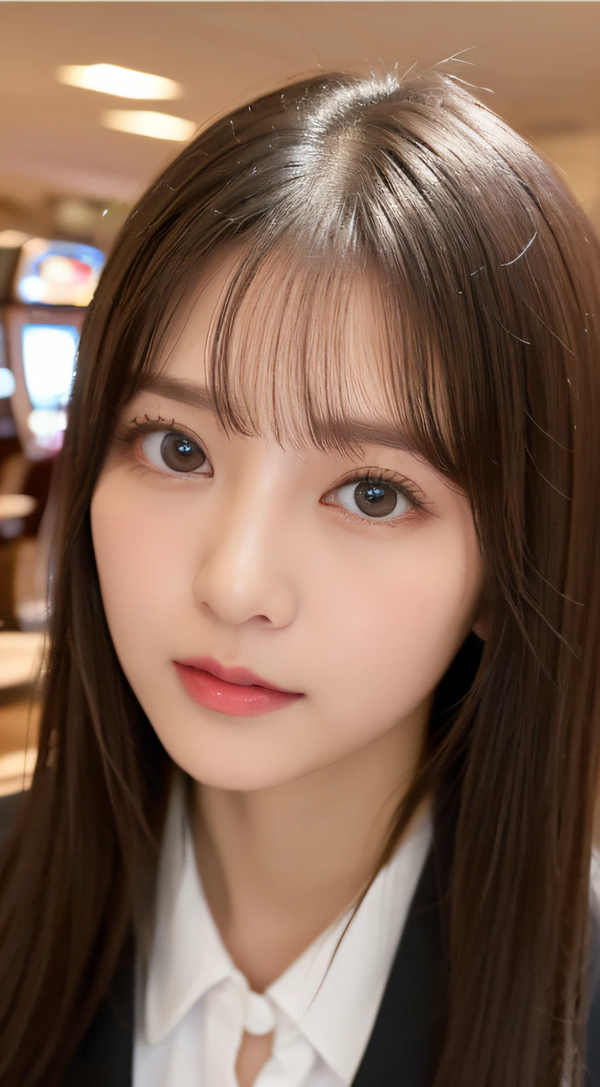 ((top-quality、8K、​masterpiece:1.5))、One girl、(Unhealthy face)、(Letter to)、Blunt bangs、(Lots of bangs:1.4)、(full body Esbian:1.4)、(Symmetrical face)、hyperdetailed face、Ultra detailed mouth、A detailed eye、Detailed ears、Slim Faces、(selfee:1.4)、(off shoulders)、(Armpit)、(Looking Up)、(From  above)、(Straight long hair、Ahoge:1.3)、(Upper Eyes)、the background is blurred、(formal suit:1.3)、lipgloss、(casino)、(natural soft light:1.3)、