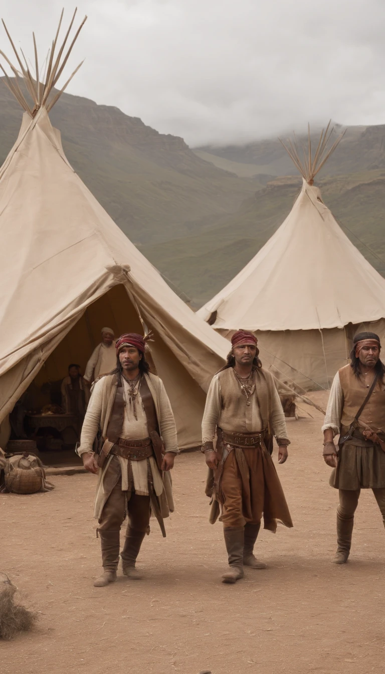a group of Apaches standing in front of an ancient tent, official, main scene of the film, by Joseph Severn, symmetrical artwork. cinematic, America first, film characters, official art, character reveal, film promo, ( (theatrical) ), seven, character portraits, alexander hamilton style, live action film, 8 k