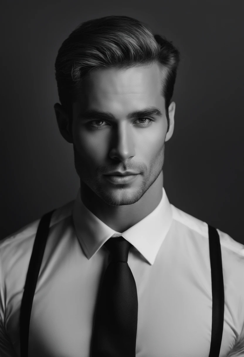 acima、Make a handsome man in his 30s in a black suit and tie, CEO, cabelos loiros escuros e barba, (Homem de terno preto e gravata), ), (Use barba,) attractive and serious appearance, cabelos curtos e escuros, Elegante e elegante, Barbear com um ajuste perfeito e um corpo forte, (alta qualidade, Imagens realistas), Preto escuro e claro no fundo da imagem, Filmstil, ((Qualidade Superior, 8k, obra-prima), Foto Ultra Hi-Definition, (Rostos bonitos detalhados, Textura detalhada da pele, corpo hiperdetalhado:1.1)