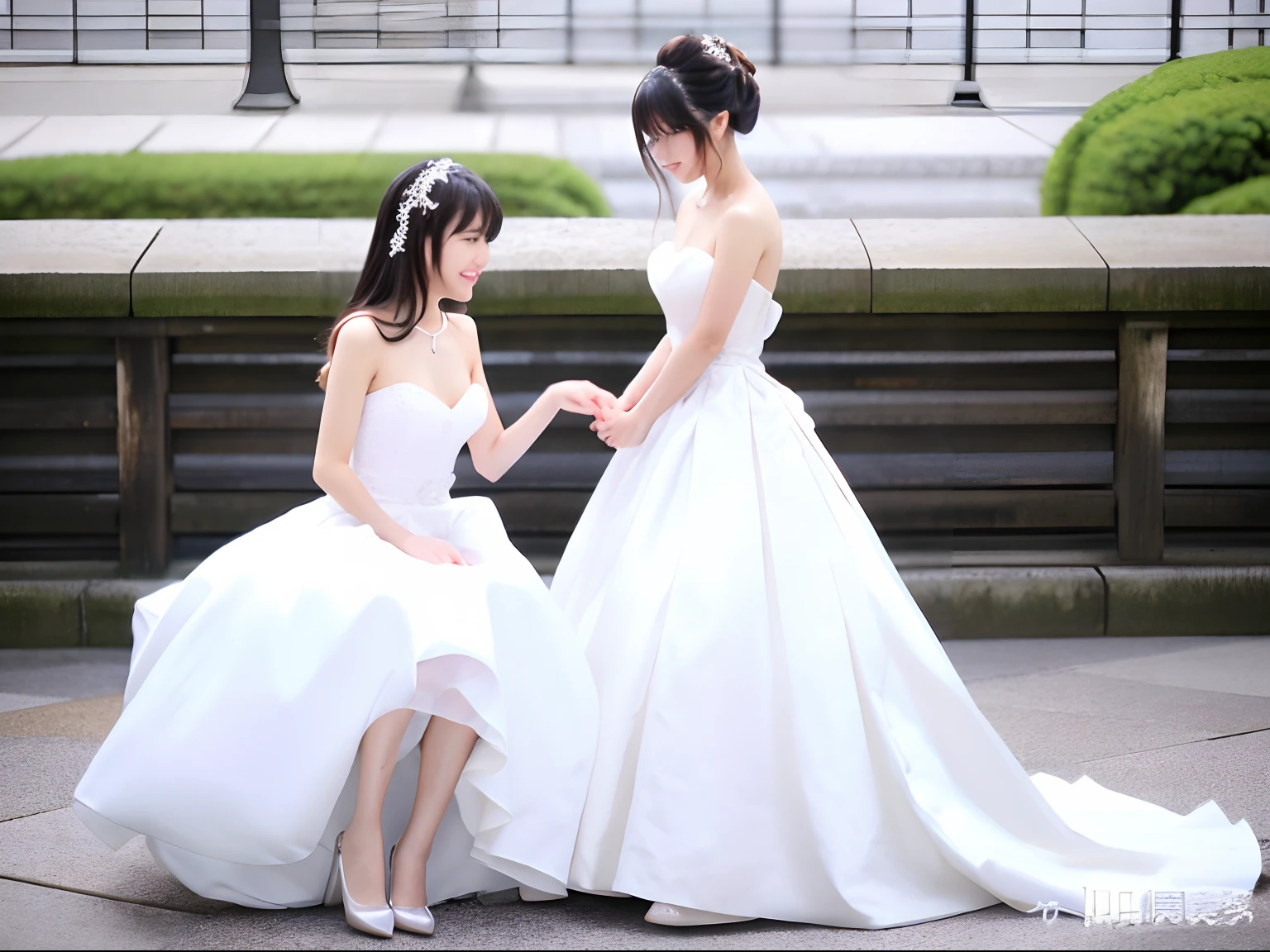 Japan female, 26 years old wearing a wedding dress。Full-body photo。Hands are together in front of each other。White background。