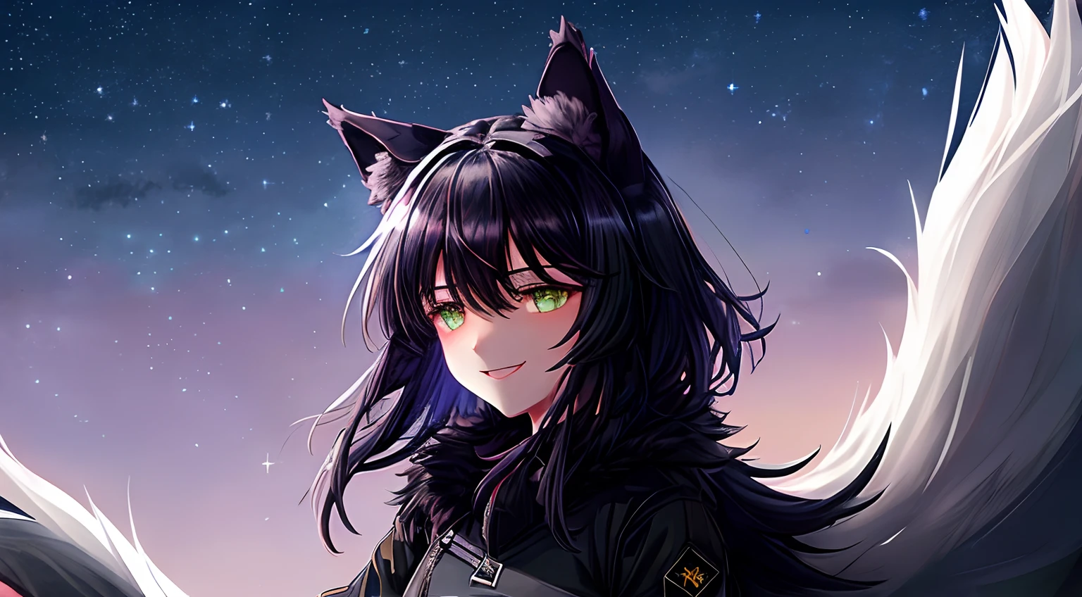 (((Night Sky Background))), Dark background, night time, The Wolf Girl, (((Black wolf ears with white fur inside))), black hair, Green eyes, ((Narrowed)), Smiling, hair fluttering in the wind, night sky, Two moons, ((Black Military Jumpsuit)), Shoulder-length painting