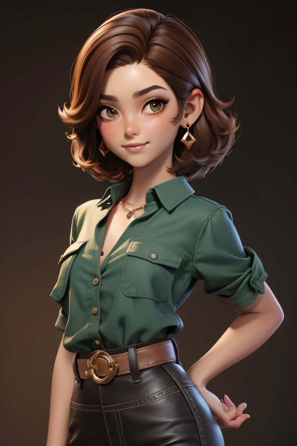 master part, best quality, 1st grade, olhos verdes, pele escura, brown hair, cabelos ondulados, short hair, Brincos, jewelries, pirata, Camisa comprida, fundo simples, sozinho, parte superior do corpo
