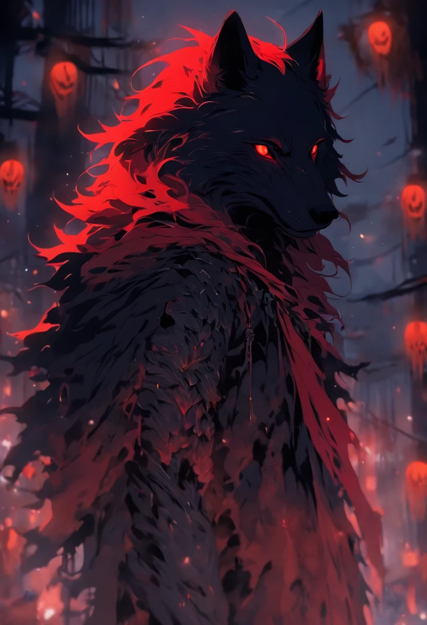 Halloween:1.3,Carrying a black wolf,Under the red moonlight,Big Red Moon,White hair:1.3,(masterpiece、top-quality、top-quality、Beautifully Aesthetic:1.2)、(((Dark Halloween Mon Beauty)))、Cool pose、ighly detailed、colourfull、highestdetailed, Anatomically correct, nffsw, high details, Textured skin, 8K,perfect hand,perfect arms,Bloody tears