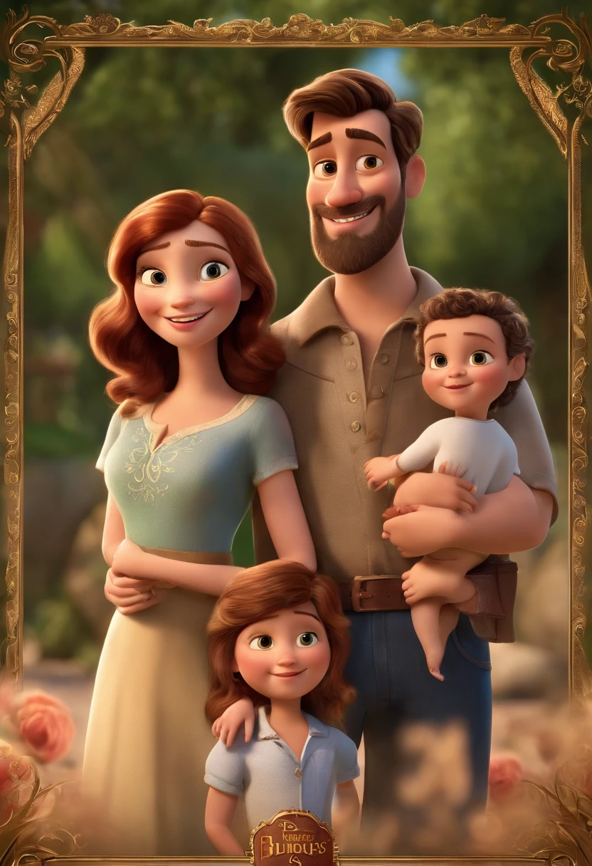 a Disney Pixar movie poster showing a white-skinned family. The father is the tallest, Tem barba curta, loiro, cabelos curtos e espinhosos. The mother has brown eyes and hair, shoulder-length and is slightly overweight. A menina tem 4 anos e cabelos castanhos, roupa rosa e rabos de cavalo. The background is a beach garden. 3D-rendering