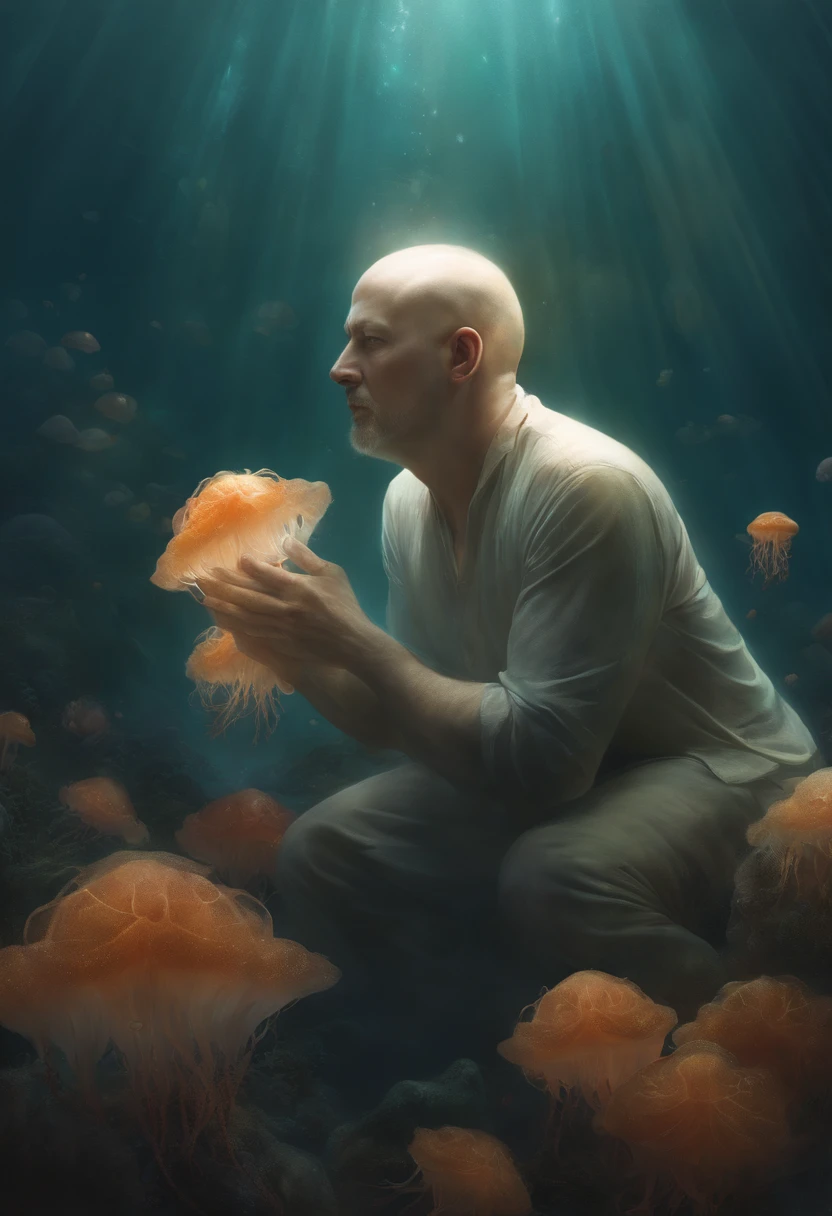 painting of a clean, bald, middle-aged white man who has no beard, with beautiful phosphorescent jellyfish around him, on a seabed, an ultra-fine detailed painting by ryohei hase, winner of the zbrush central contest, fantasy art, darius zawadzki and tom bagshaw, tuomas korpi and wlop, Donato Giancola and Tom Bagshaw, Yuri Shwedoff and Tom Bolsashaw