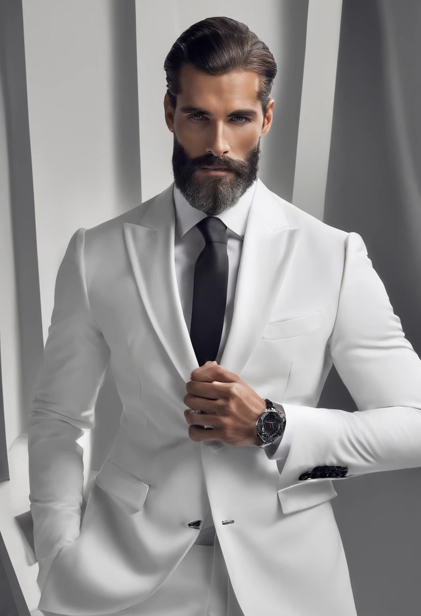 Homem careca com barba branca, estiloso, muito rico e com cara de mau, usando terno Hugo Boss em seu iate particular