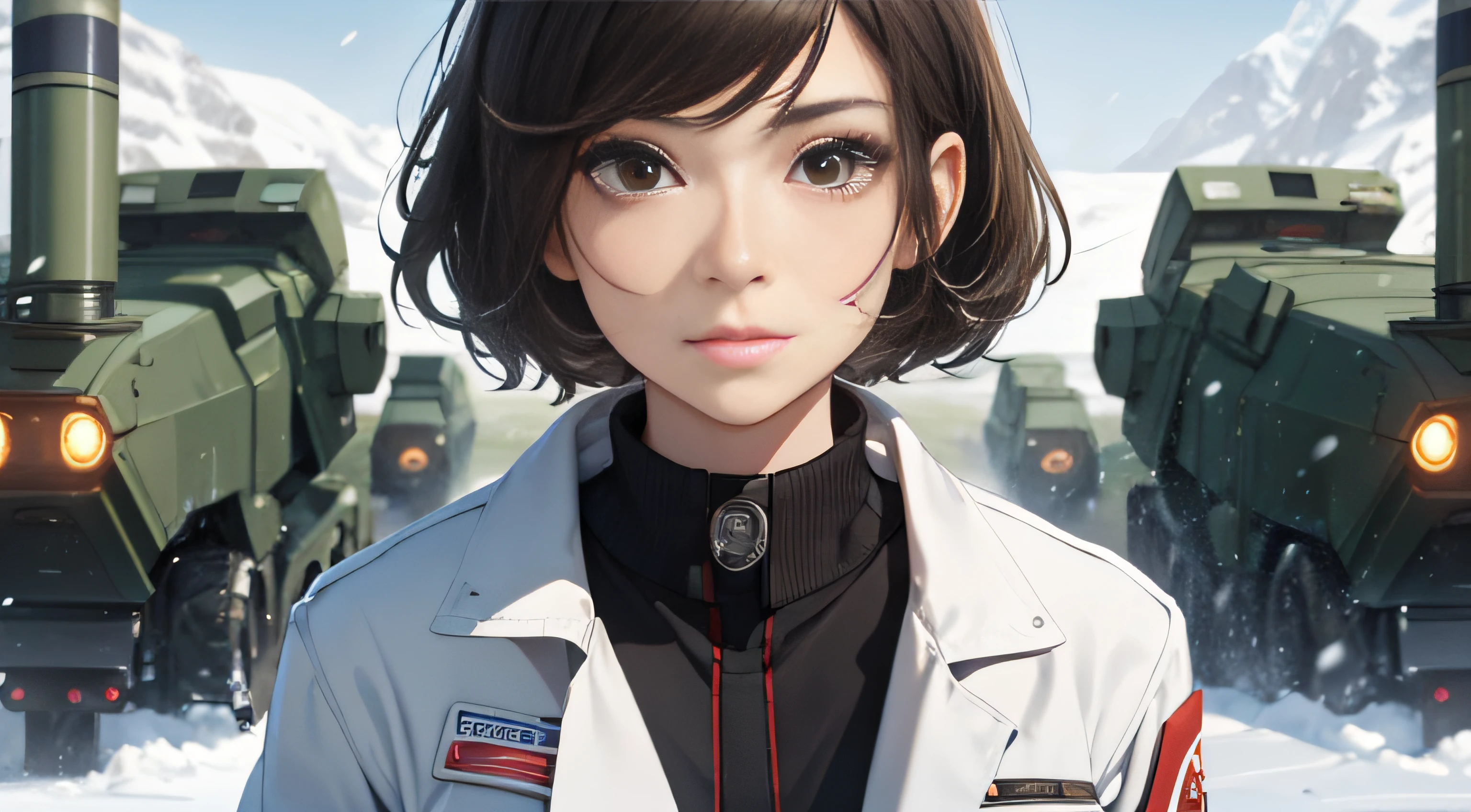 Science Fiction,Sci-Fi Movies,Artillery,Long-Range Missiles,Based on the Movie Foundation ,Woman,Adult,Protagonist,28 years old,hopeful face,brown eyes,short hairstyle,black hair with white gray,scientist uniform,white researcher coat,open meadow,rebel,chaotic,future world,world of socialism,snow,chaos
