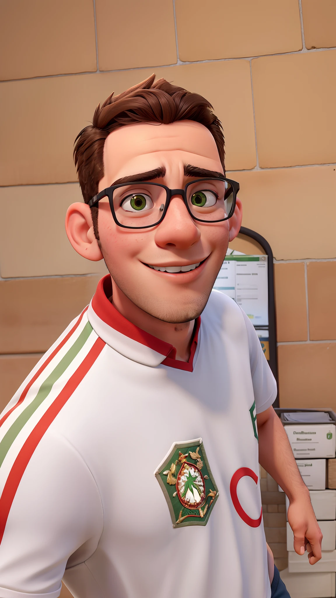 A young man in glasses wearing the team's jersey called Palmeiras, jovem moreno claro de cabelos pretos lisos.