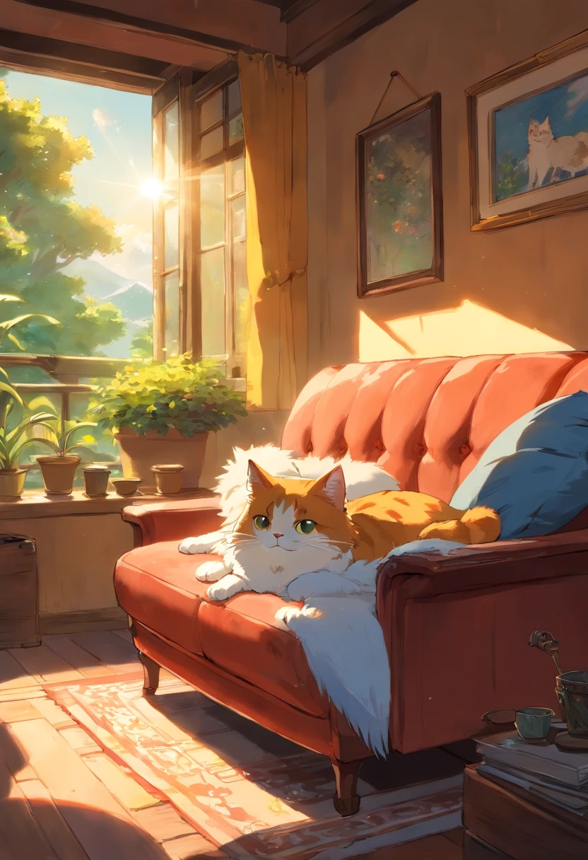 Un lindo gato pinto de ojos saltones, en un sofa , Luz solar fuera de la ventana.