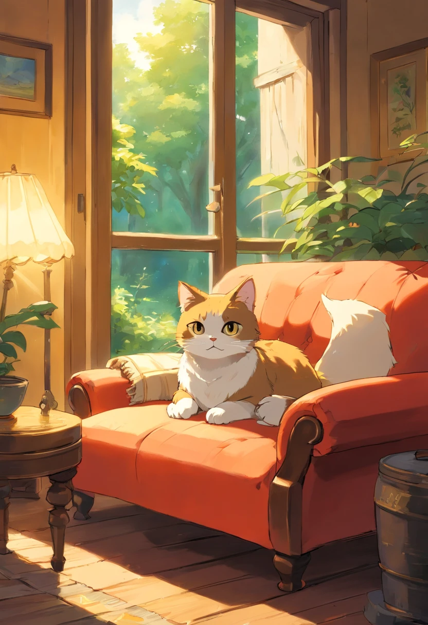 Un lindo gato pinto de ojos saltones, en un sofa , Luz solar fuera de la ventana.