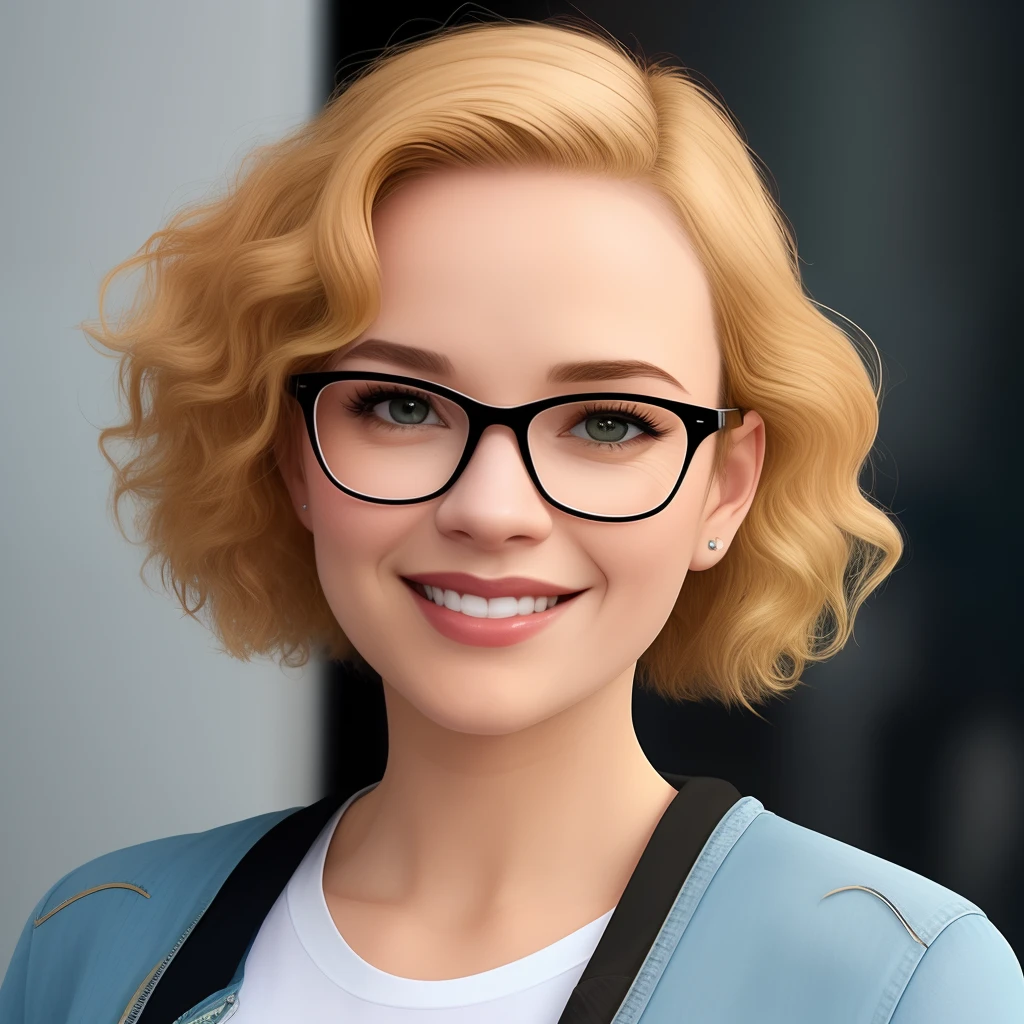 pixar Disney her blonde hair curly down to her shoulders in glasses ,ele branco cabelo curto olhos apertados castanhos ,sorriso largo