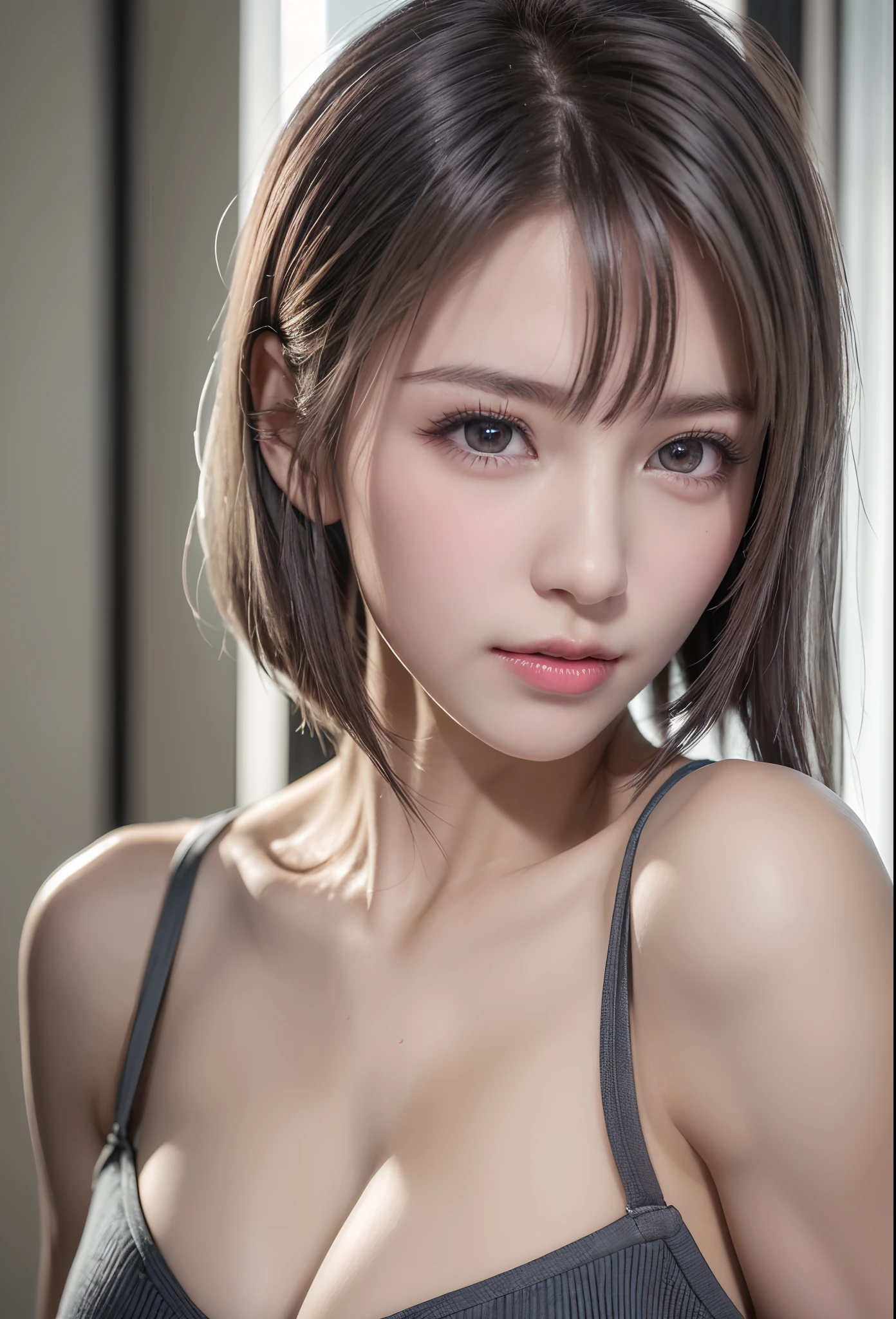 (8K, Photorealistic, Raw photo, of the highest quality: 1.3), (1girl in), Super beautiful, (Realistic face), (boyish, Silver Color Berry Shorthair), Beautiful , Glare that captivates the viewer, Beautiful expression, Beautiful breasts, (Realistic skin), Beautiful...