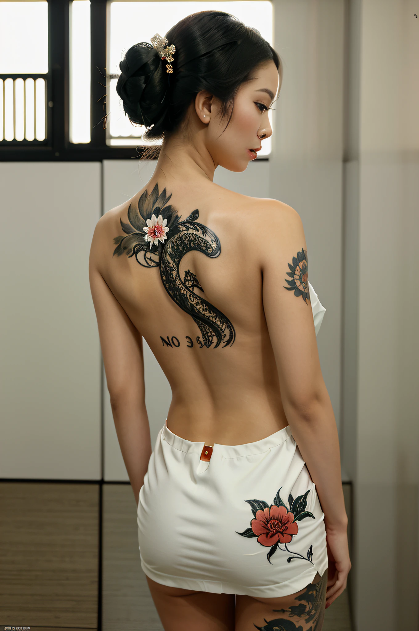 ((Masterpiece, Wlope style, Artwork, Portrait, Half body)) Beautiful and elegant yakuza girl DRAMATICALLY looking at her right side, no top dress, Big Dragon Tattoo at back, Detailed mask Background, Dark Ambient Lighting, Shot taken from back, Fantasy, Detailed tattoo, NSFW, dark atmosphere,