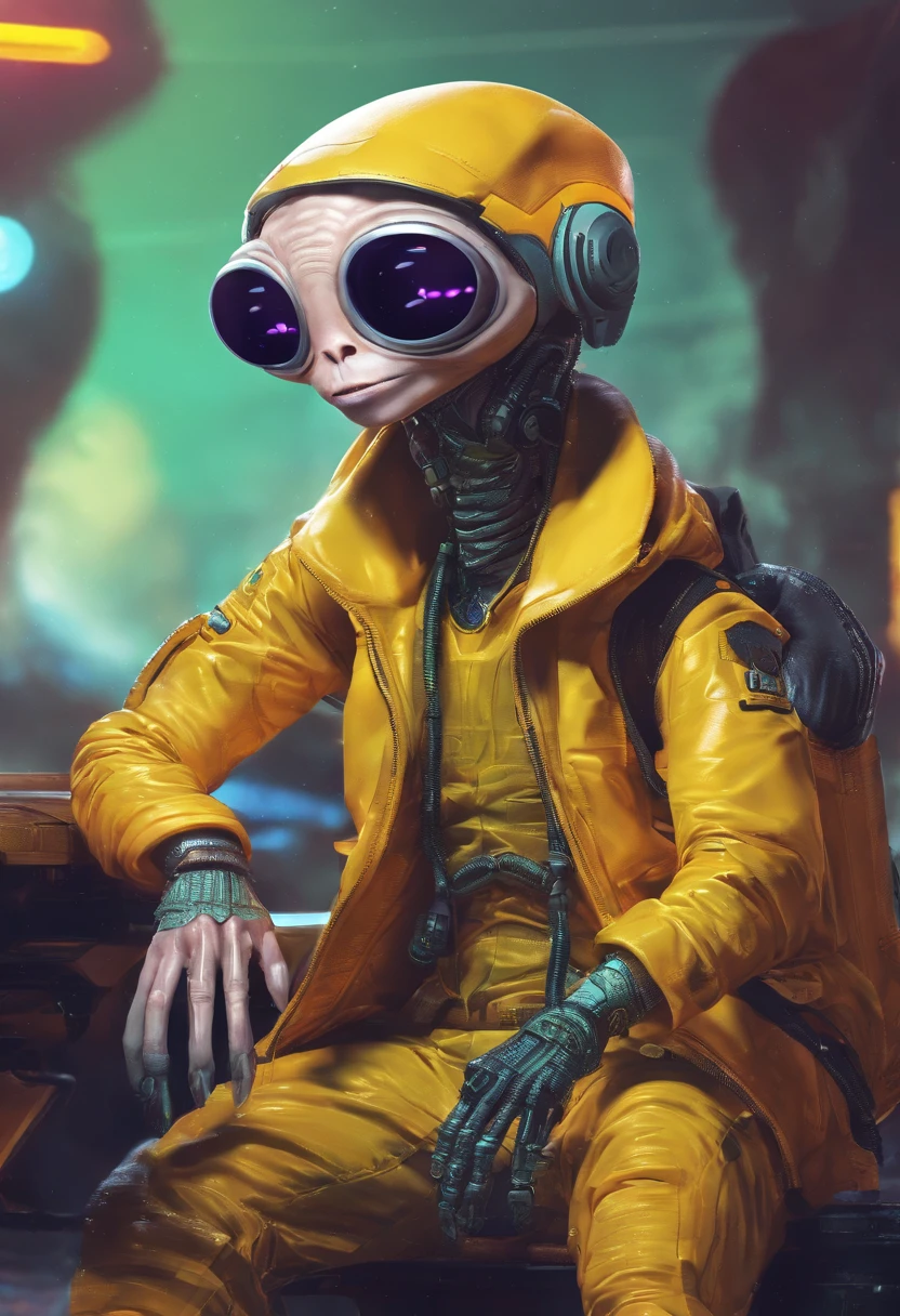 Alien wearing Hip-hop clothes in futuristic city, big eyes and oval head, textured scaly skin, style Chibi, art by Nashi and Daniel Capua, masterpiece, HDR, UHD, 64 mil, highly detailed, trending on ArtStation, Unreal Engine, vivid colors, High Resolution Scanning