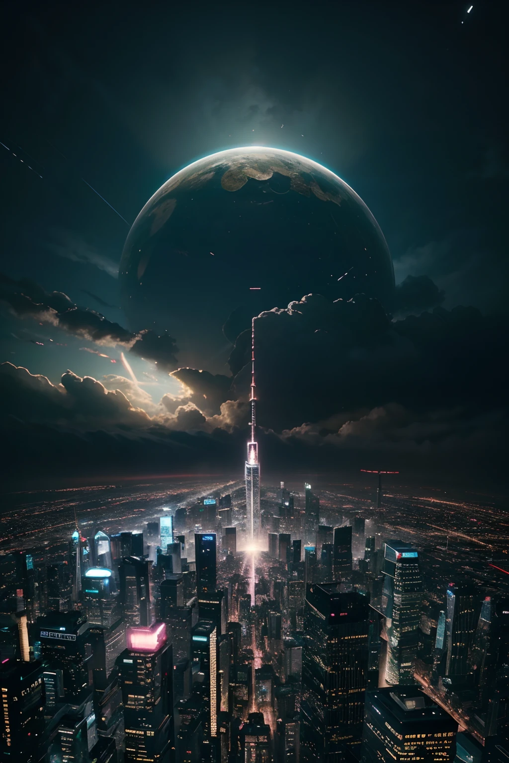 cyber punk perssonage、Cidade futuristica、planet earth、Skyscrapers piercing clouds cyberpunk.SFart by、Utopian city、megacity、Dream、top-quality、tmasterpiece、Beautiful futuristic city