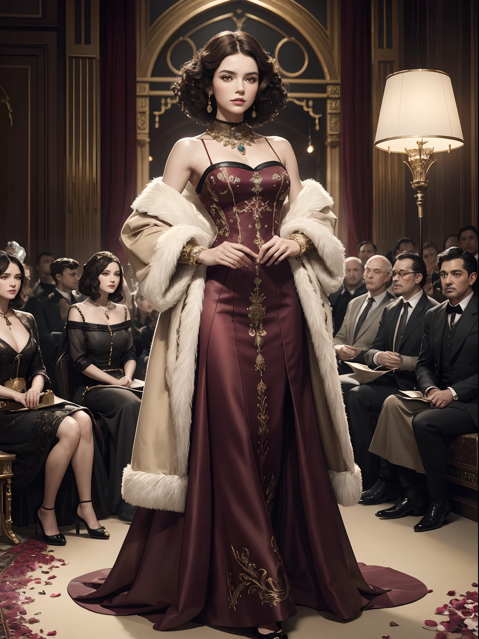 ((Best quality)) , ((Masterpiece)) , (Detailed) , 1900s，（Fantasyart:1.3），A woman on the catwalk，The crowd sat on either side，Mannequin，（Wear a stylish fur coat:1.2），（Professional and meticulous clothing design:1.3），Gucci bags，Short burgundy hair，curlies，Stylish，Aristocratic design，（A grand fashion show），Come over ,（Splash art of flower petals on background:1.1）（a professional shot of），Summary field, tiltshift, guiltys, mingei, velvia, Extremely beautiful, 8K resolution