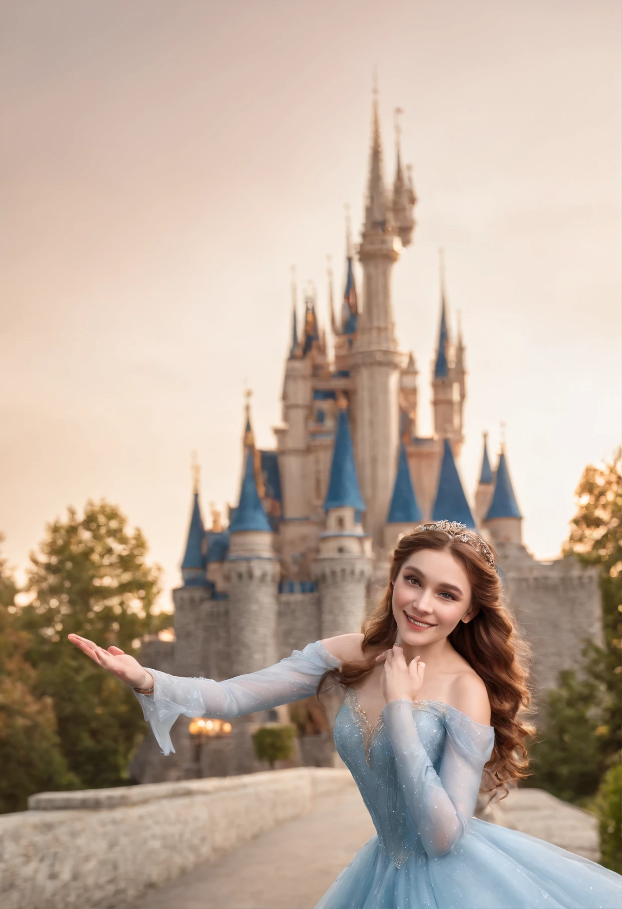 A imagem deve ser 4K HD、Duas meninas bonitas e fofas de 14 anos、The details of the face are exquisite、Vista-se como Elsa e Anna de Frozen、Two people are the same height、Um rosto redondo、A skinny melon seed face、The backdrop is the Disney Castle、fireworks、don't show your hands